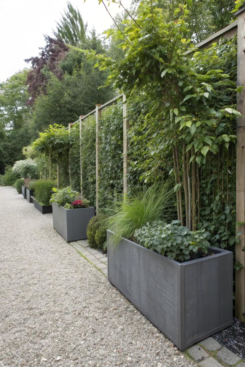 Tall planters provide privacy and structure in a gravel garden.