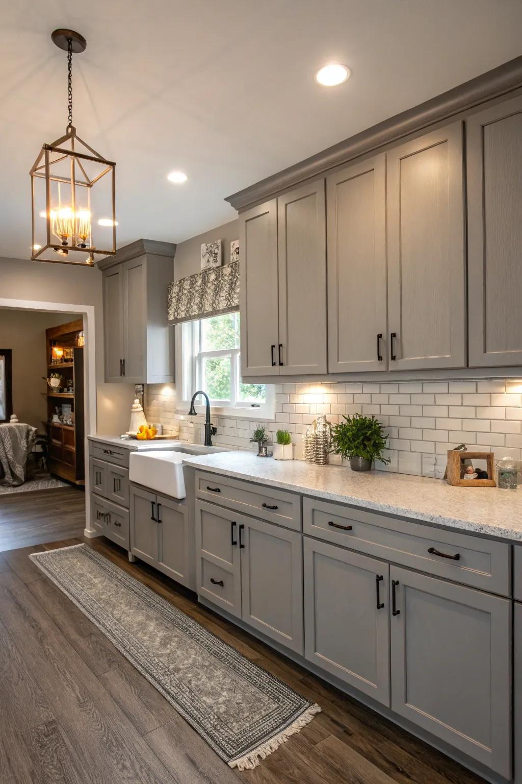 Gray acts as a soothing foundation in this versatile kitchen design.