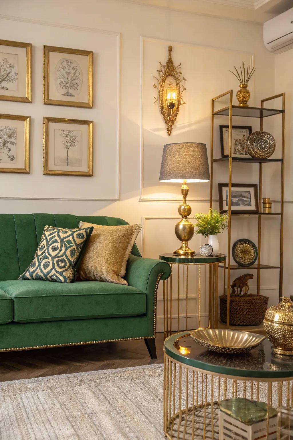 Reflective highlights add a touch of elegance and luxury to a green couch setting.