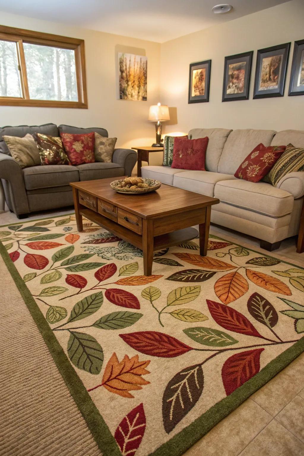 A leaf-patterned floor mat can beautifully anchor the layout of your space.