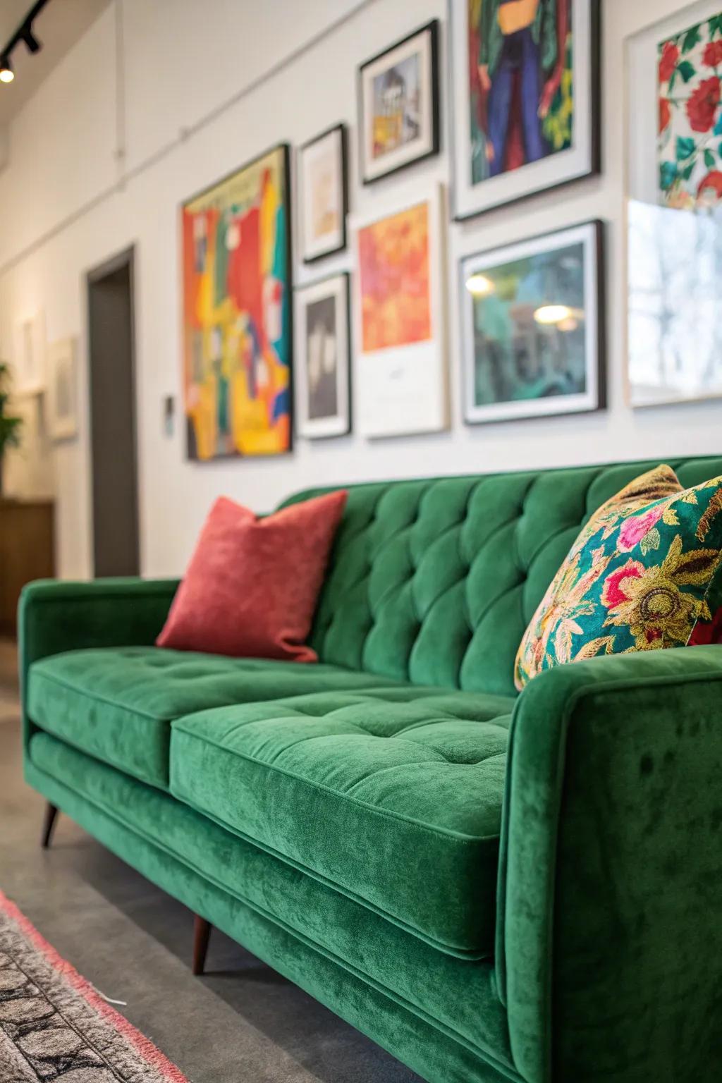 A gallery-like living space featuring an emerald plush sofa and striking artwork.