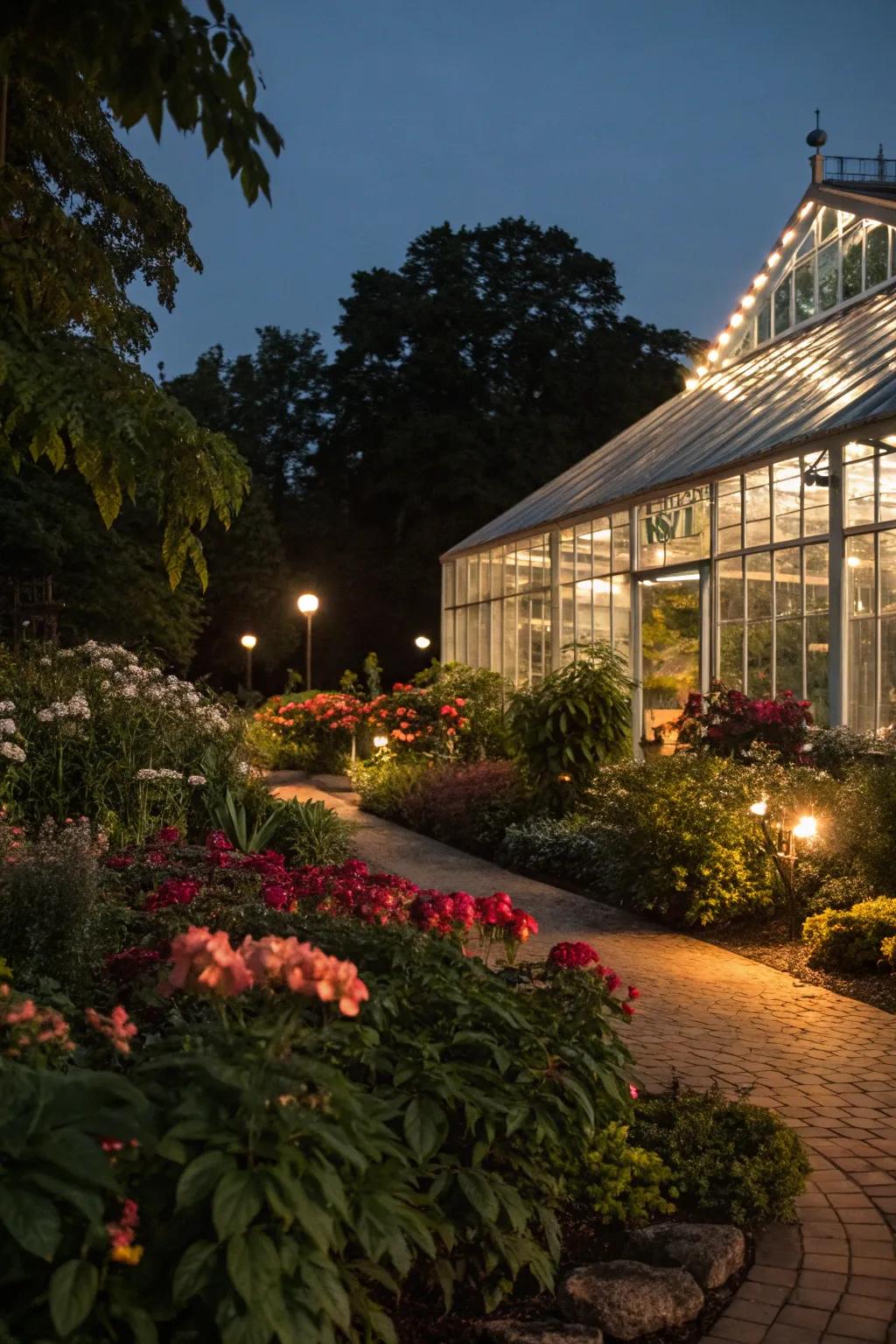 Integrated illumination transforms a greenhouse into a nighttime escape.