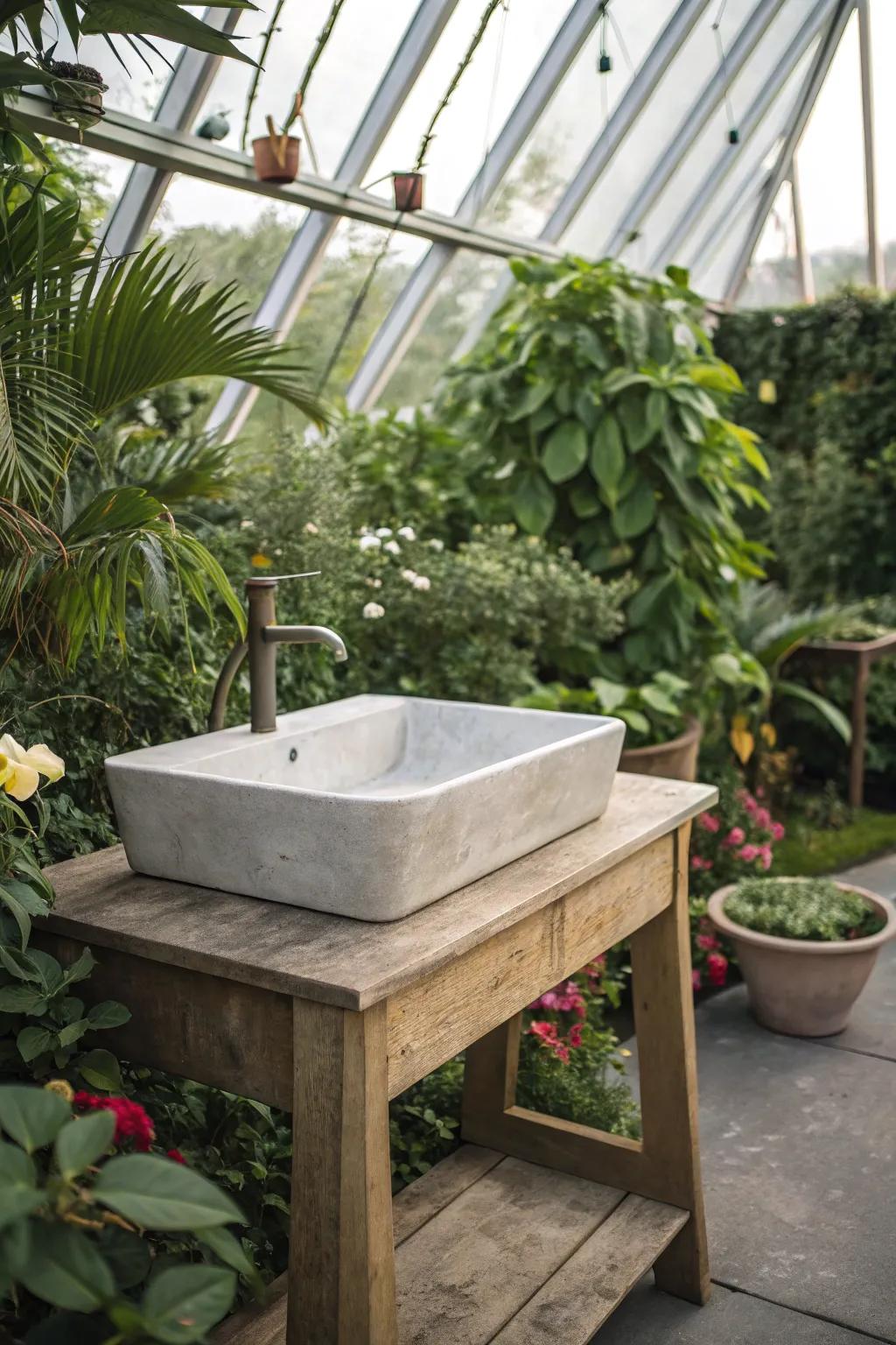 A hand-cast cement sink delivers a modern flair to any greenhouse.