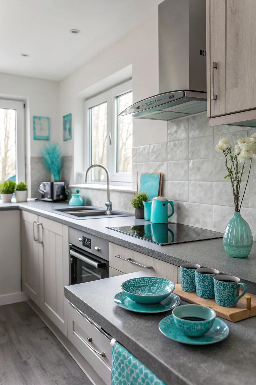 Aqua decor enlivens elegant shadow worktops.