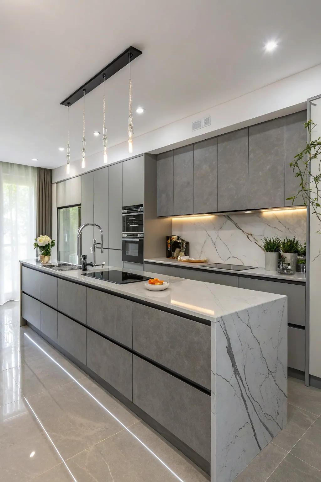 A kitchen showcasing refined cascading edge grey worktops.