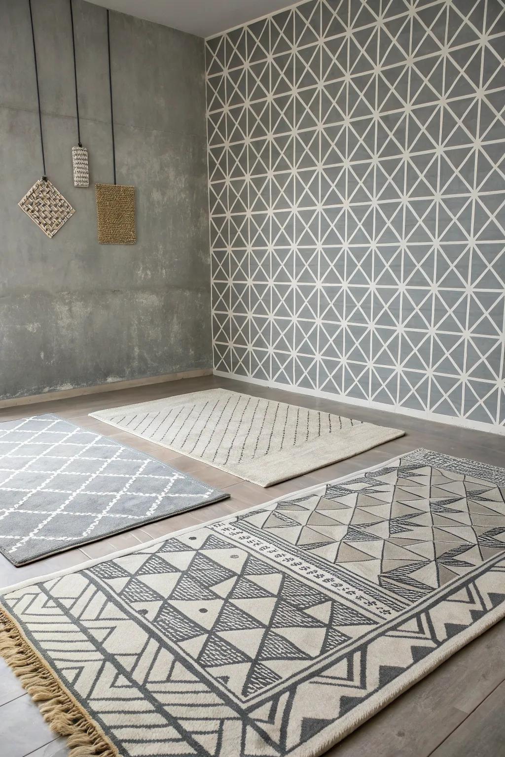 Geometric designs add visual intrigue to this grey room.