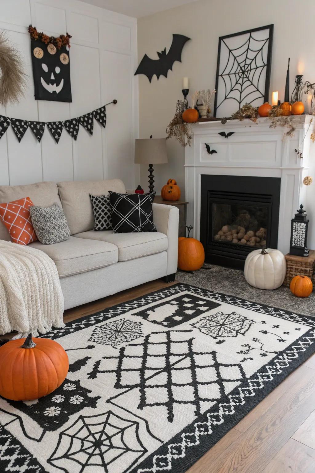 Black and white accents elevate the Halloween decor.