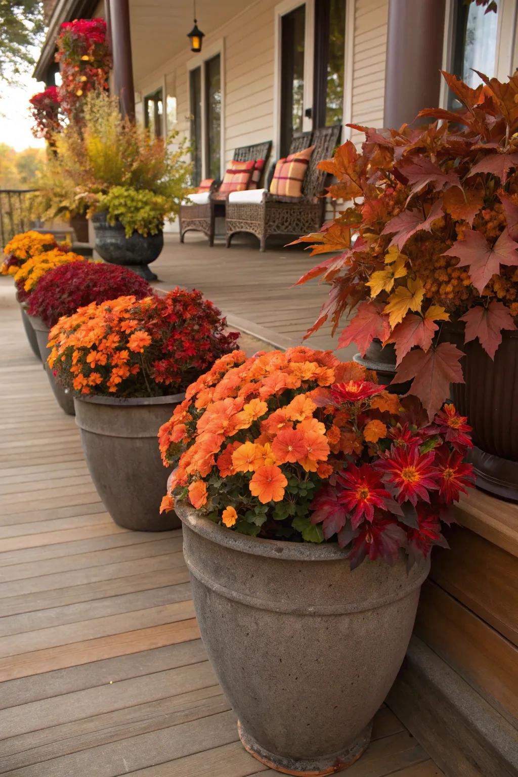 Plant life in autumnal shades introduces an energetic accent to this Halloween porch.