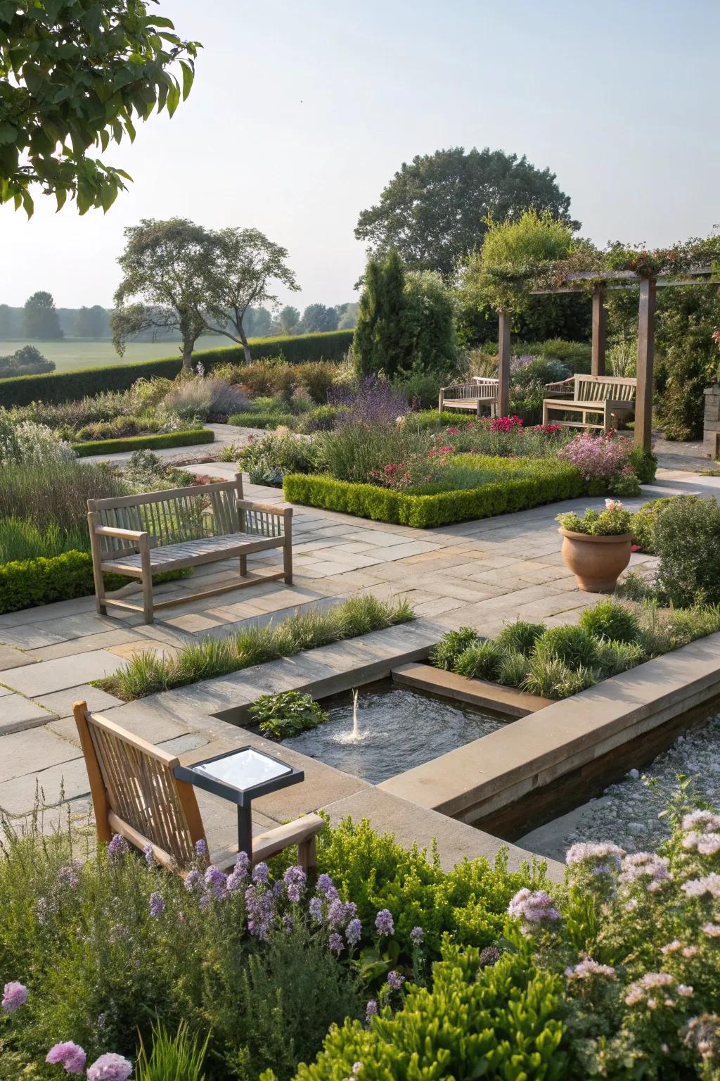 Merging greenery with hardscape creates a harmonious garden.