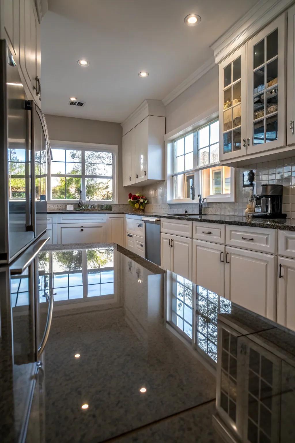 Reflective materials amplify space, making small kitchens feel larger.