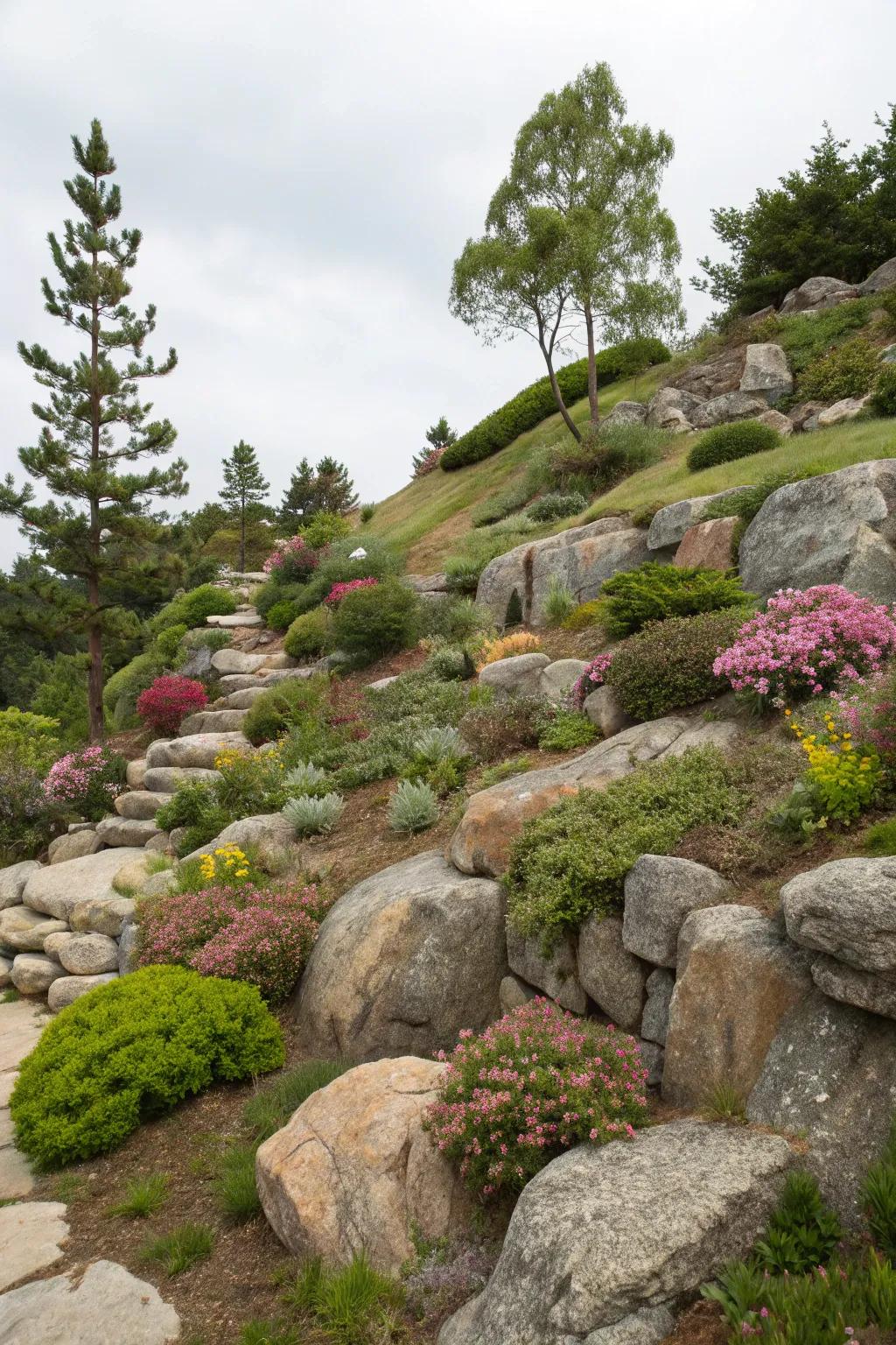 Rock gardens bring a natural and low-maintenance charm to a hillside.