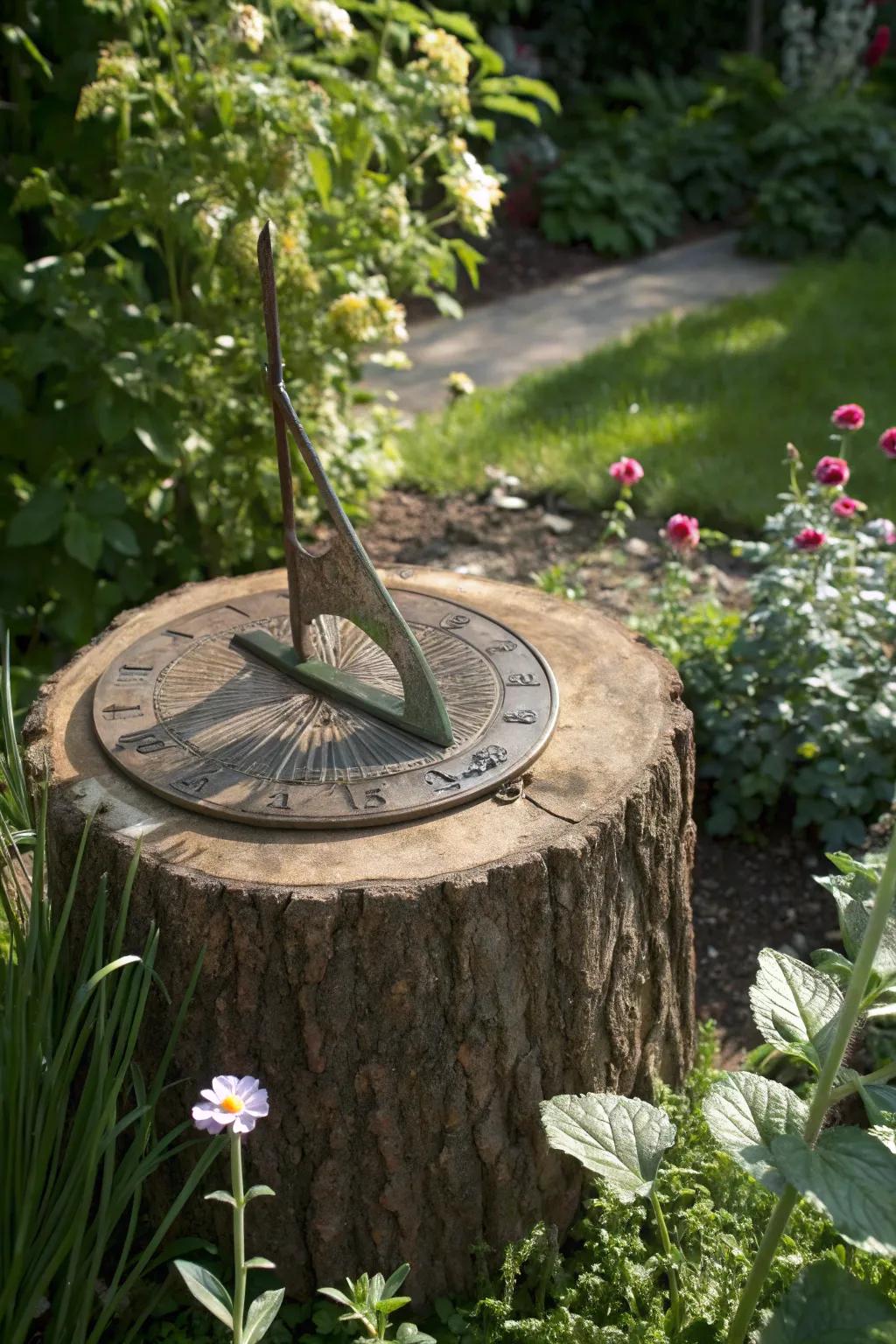 A sundial on a tree stump adds timeless elegance to the garden.