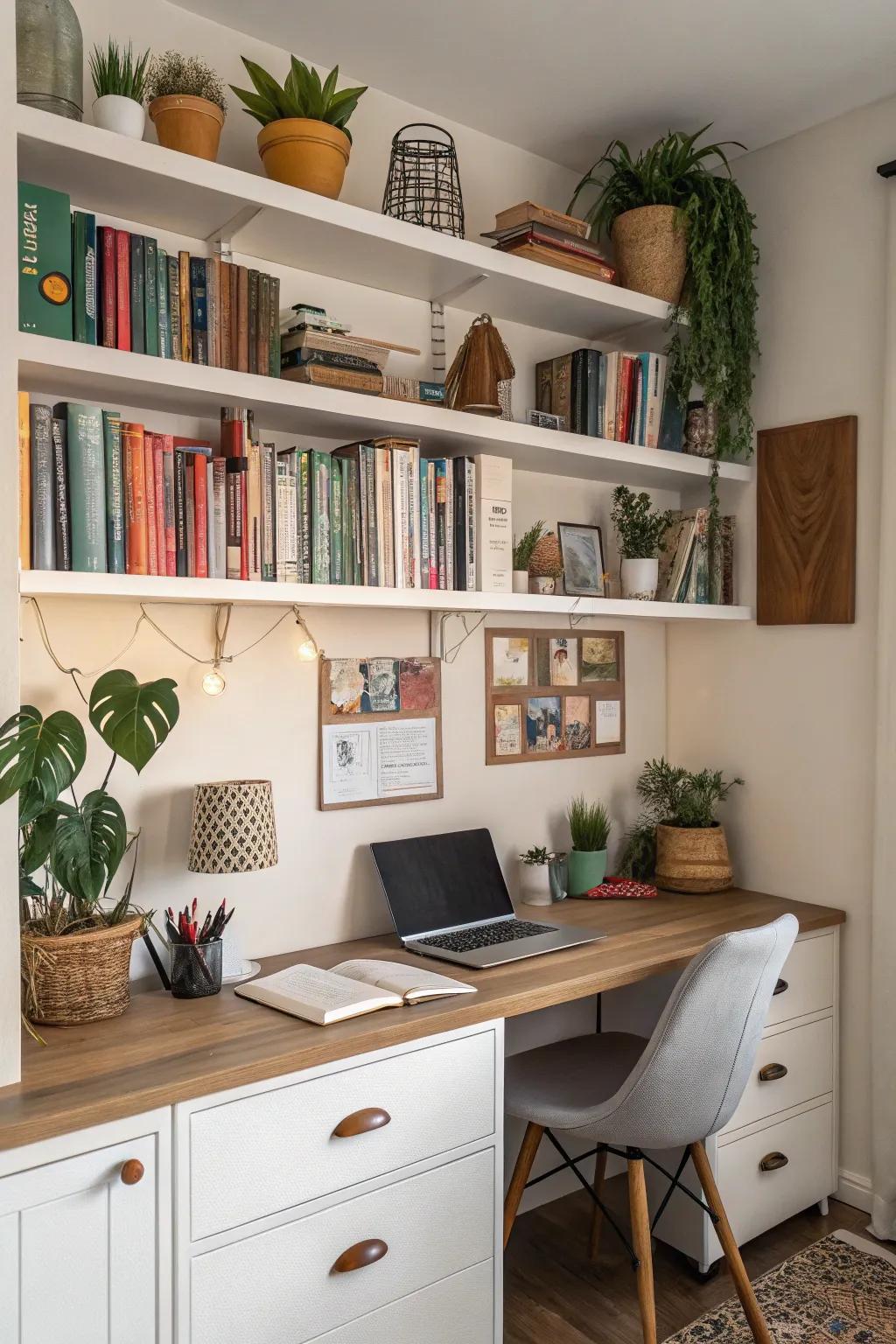 Functional shelving that serves as both storage and decor.