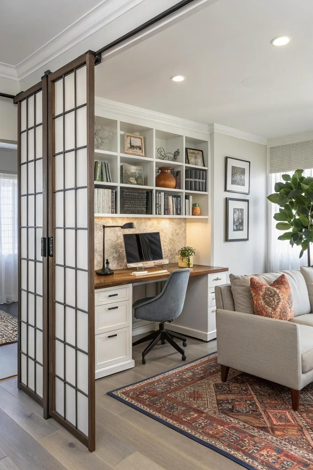 Room dividers elegantly separate work from leisure in a home office.