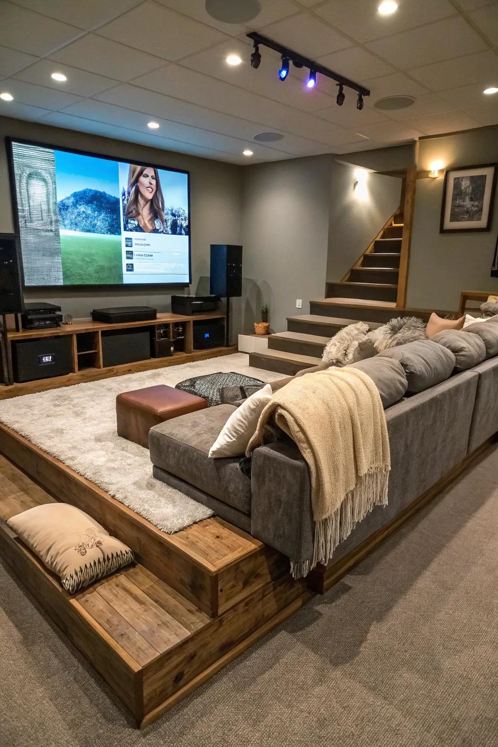DIY riser platforms add a professional touch to home theaters.
