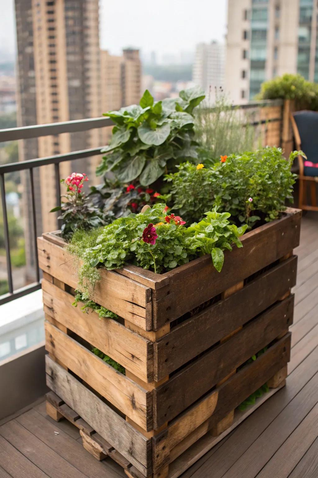 Transform your balcony into a lush urban oasis with this handcrafted pallet garden.