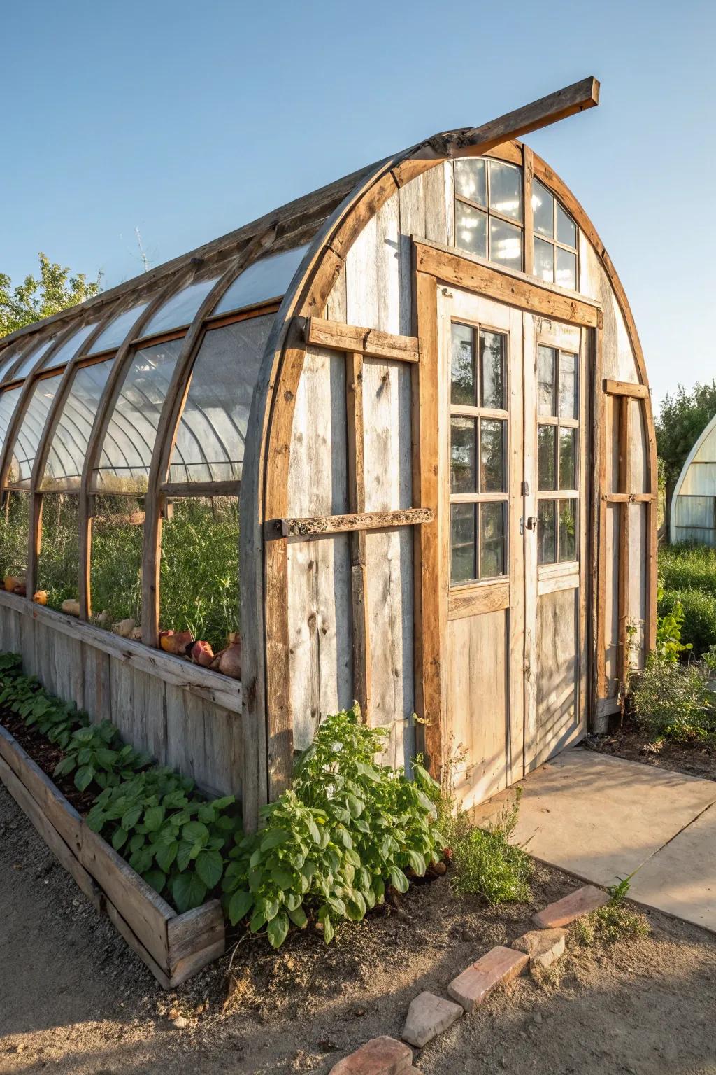 Turning the old into gold: A hoop house masterpiece crafted from upcycled materials.
