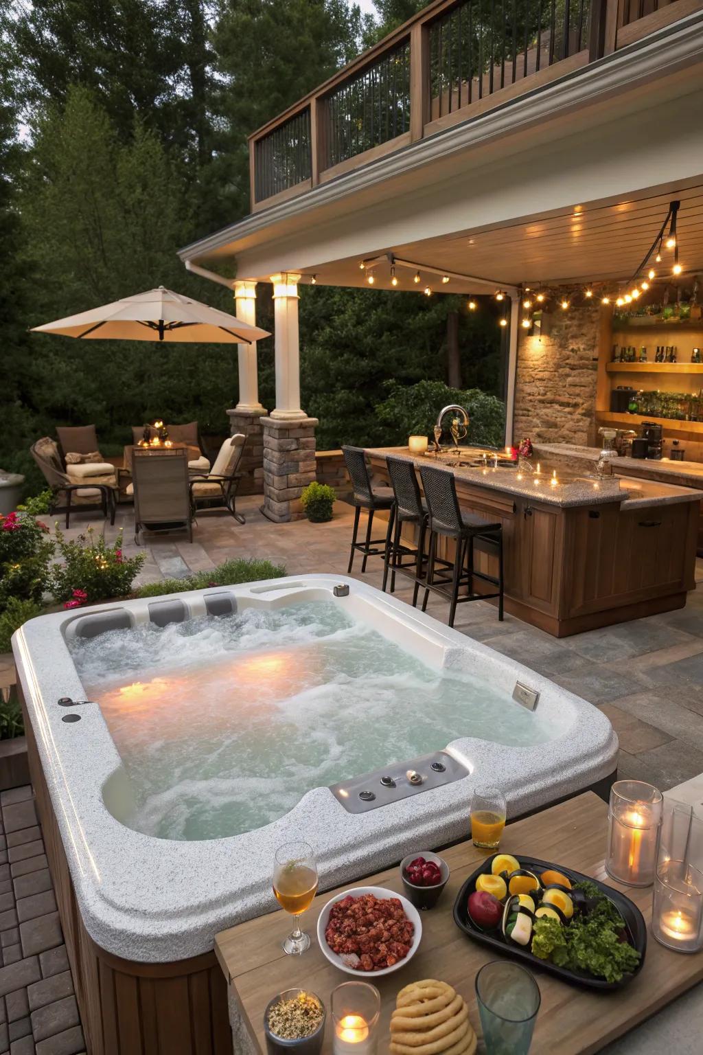 A bar area adds convenience for dining and entertaining near the hot tub.