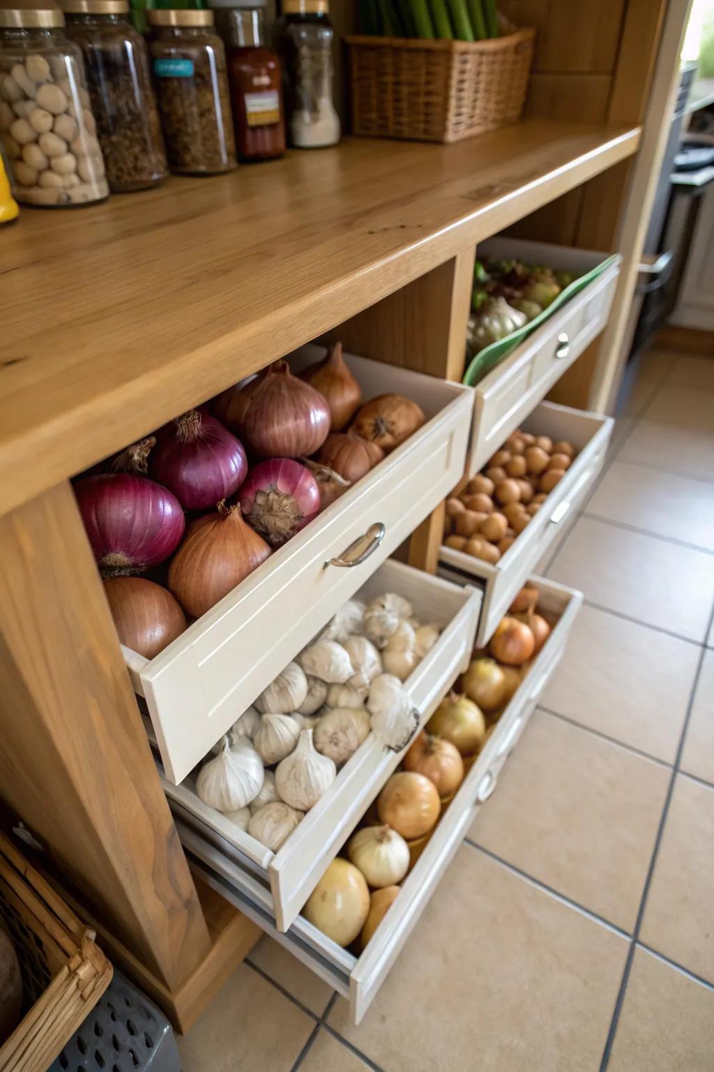 Beneath-shelf drawers provide convenient storing for produce.