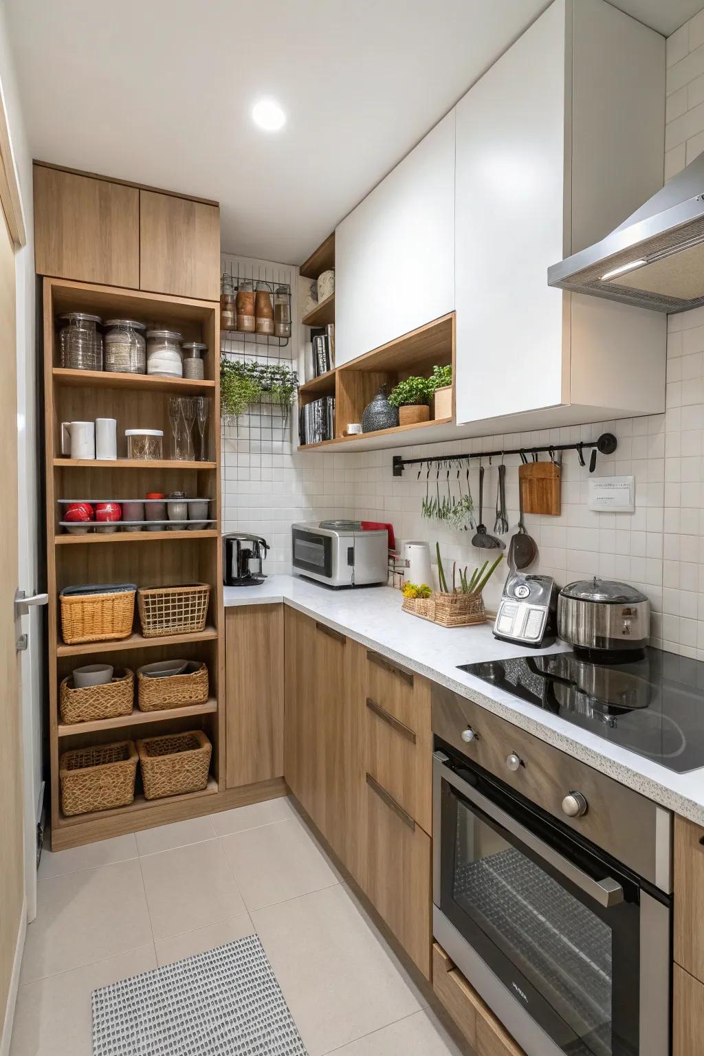 Smart use of space in a small kitchen setting.