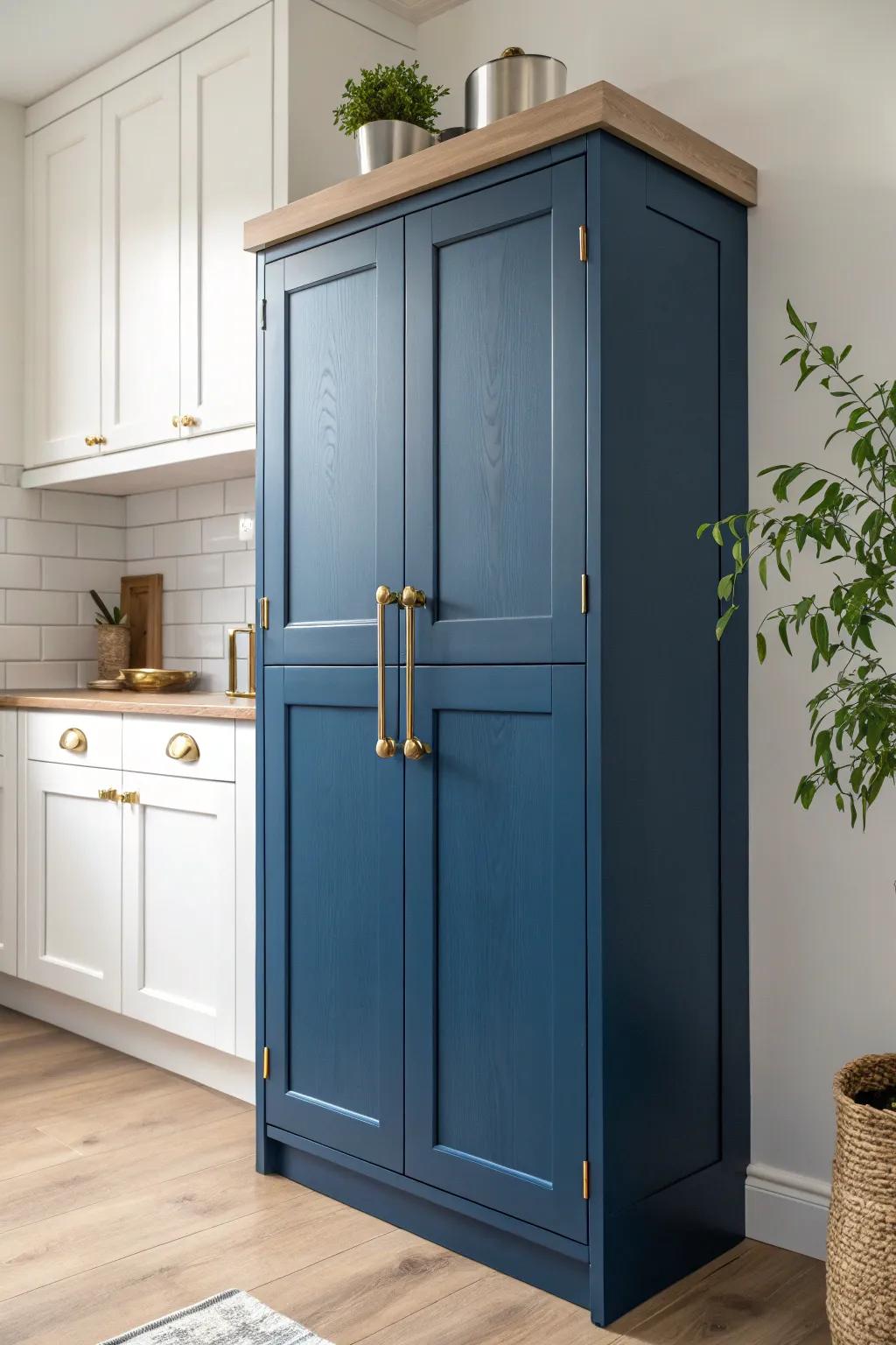 Transform your kitchen with the regal allure of deep blue cabinets and brass accents.