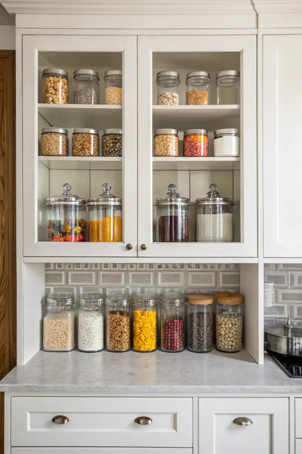 Stylish jars balancing function and decoration in the cabinet.