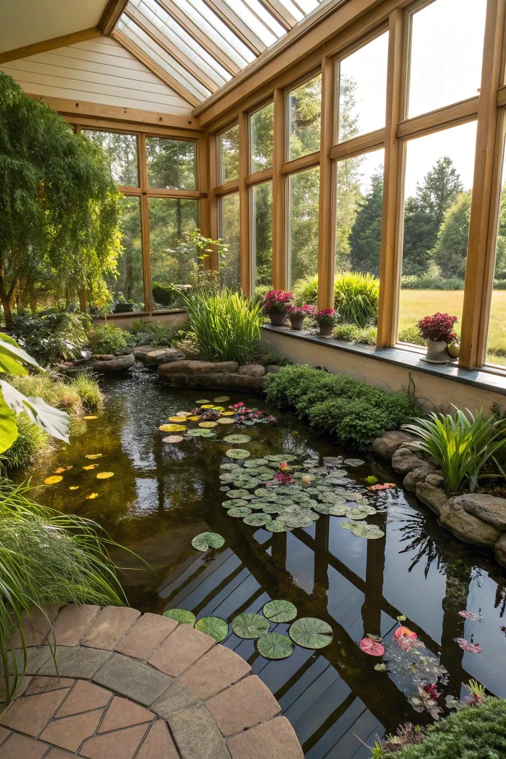 Sunrooms present the perfect setting for a vibrant interior pond.