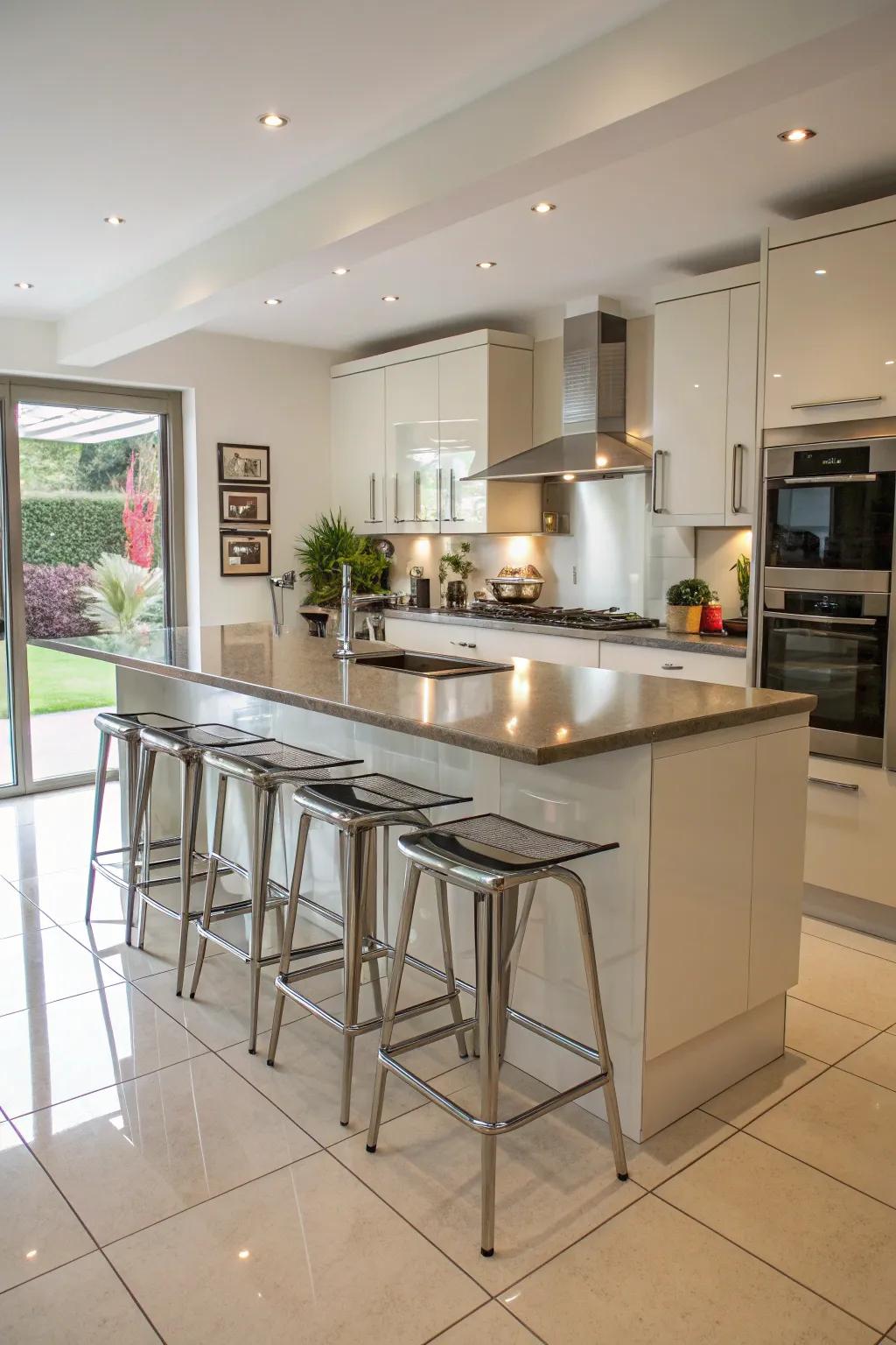 A central island with metal stools creates a welcoming gathering space.