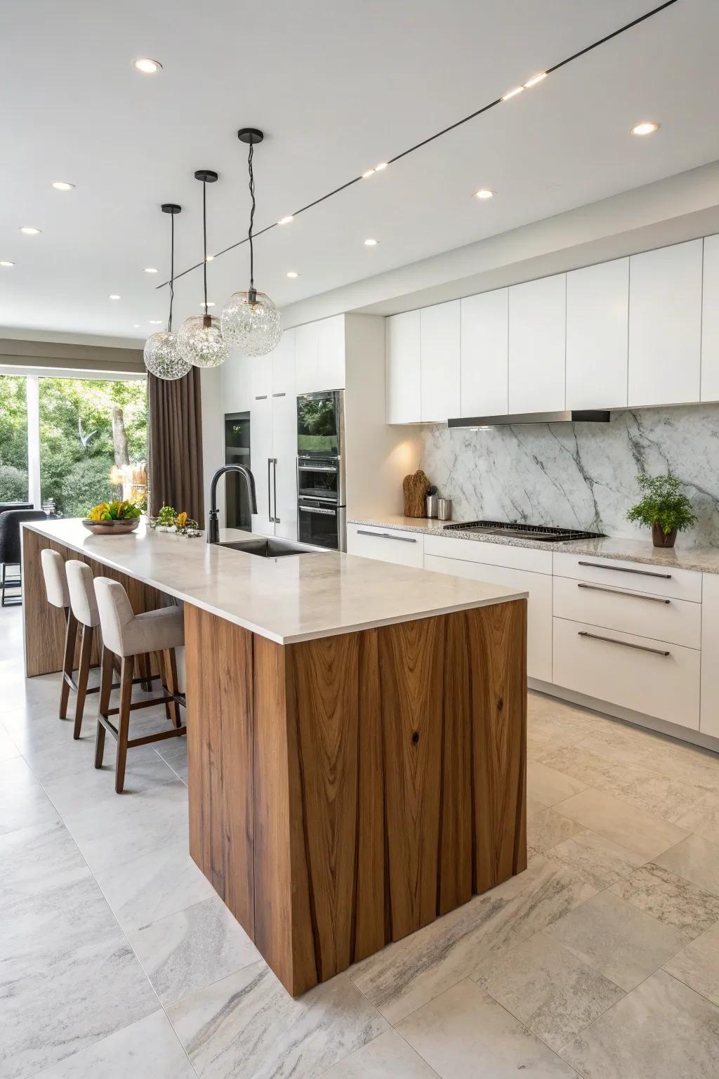 A laminated cascade surface brings a touch of elegance to modern kitchen designs.