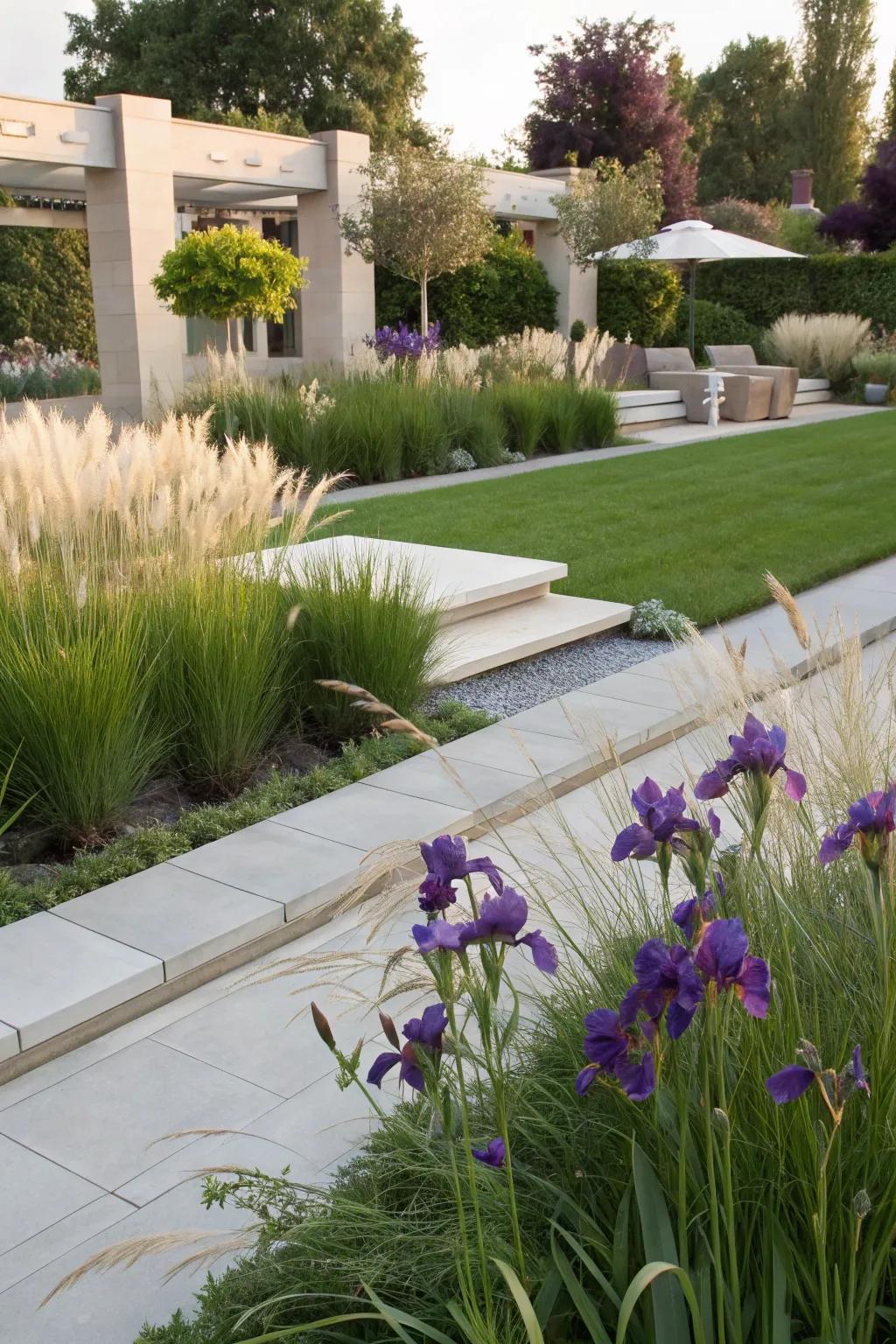 A modern garden look with irises and ornamental grasses.