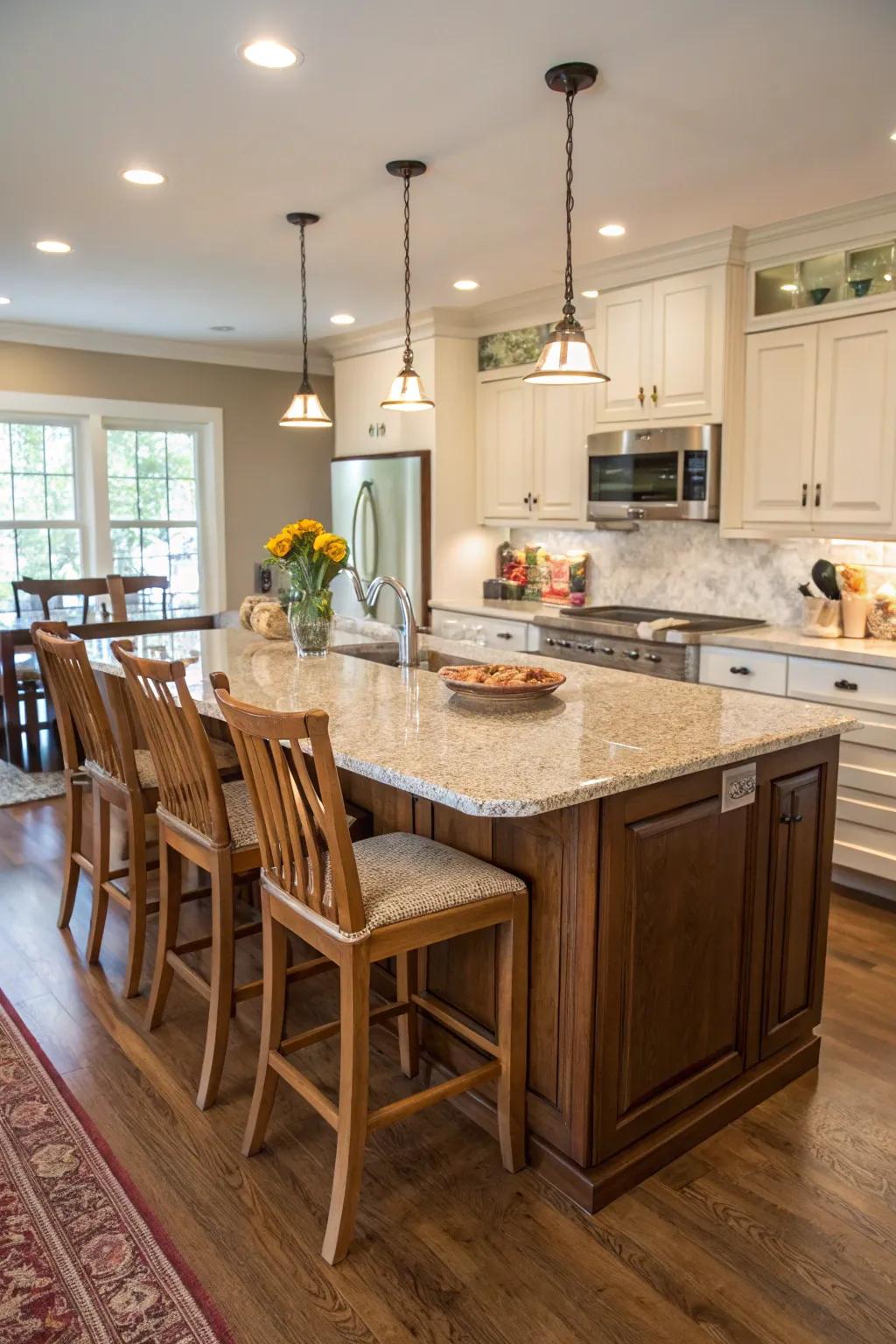 An overhanging countertop enhances engagement, creating more opportunities for shared moments.