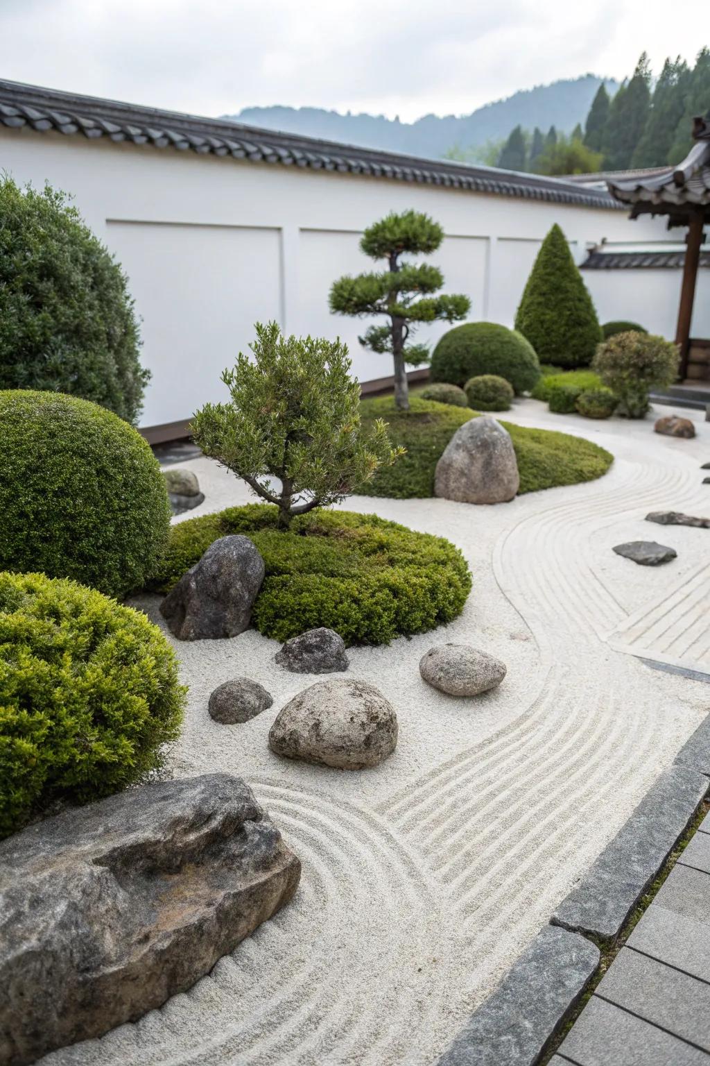 Junipers impart calm to a zen garden