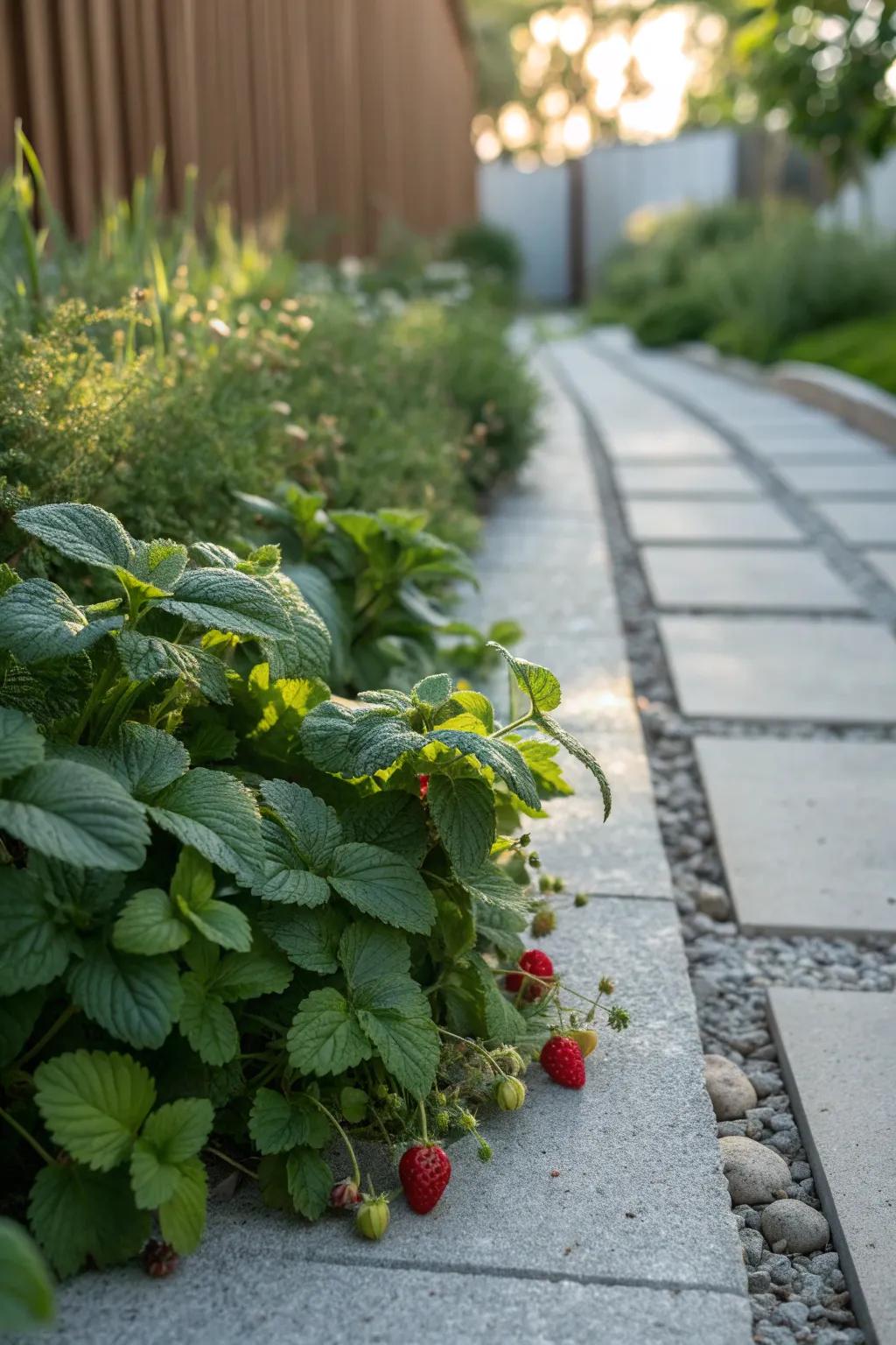 Snack as you stroll! Discover the joy of edible plant paths with mint and strawberries leading the way.