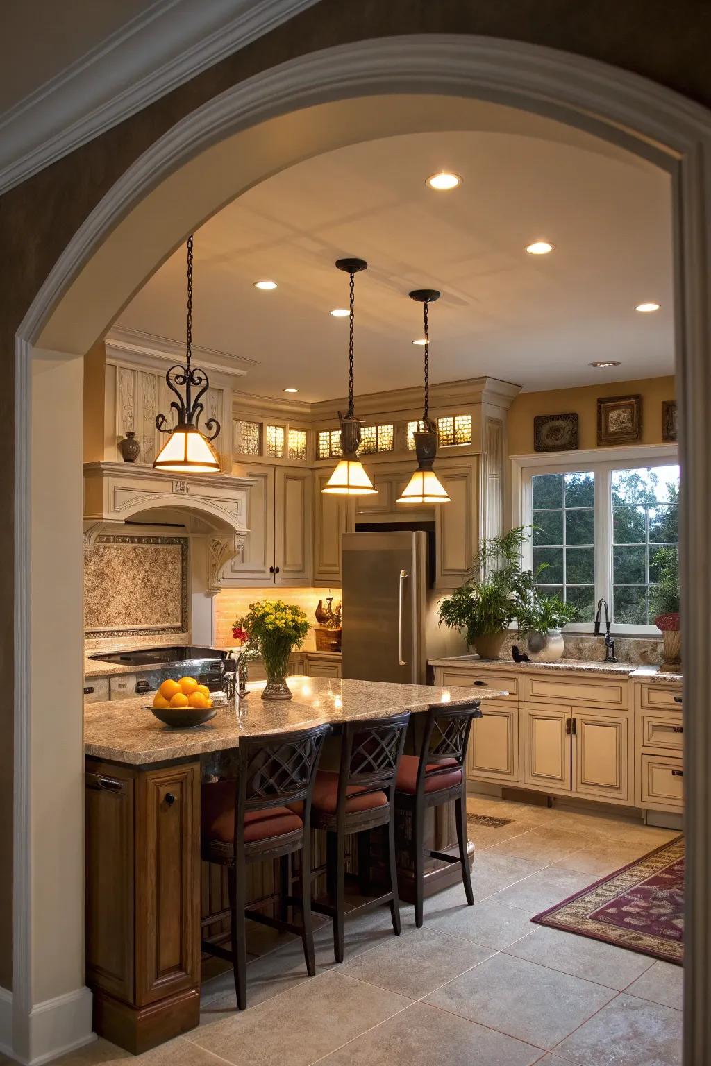 Well-placed lighting highlights the beauty of this kitchen alcove.