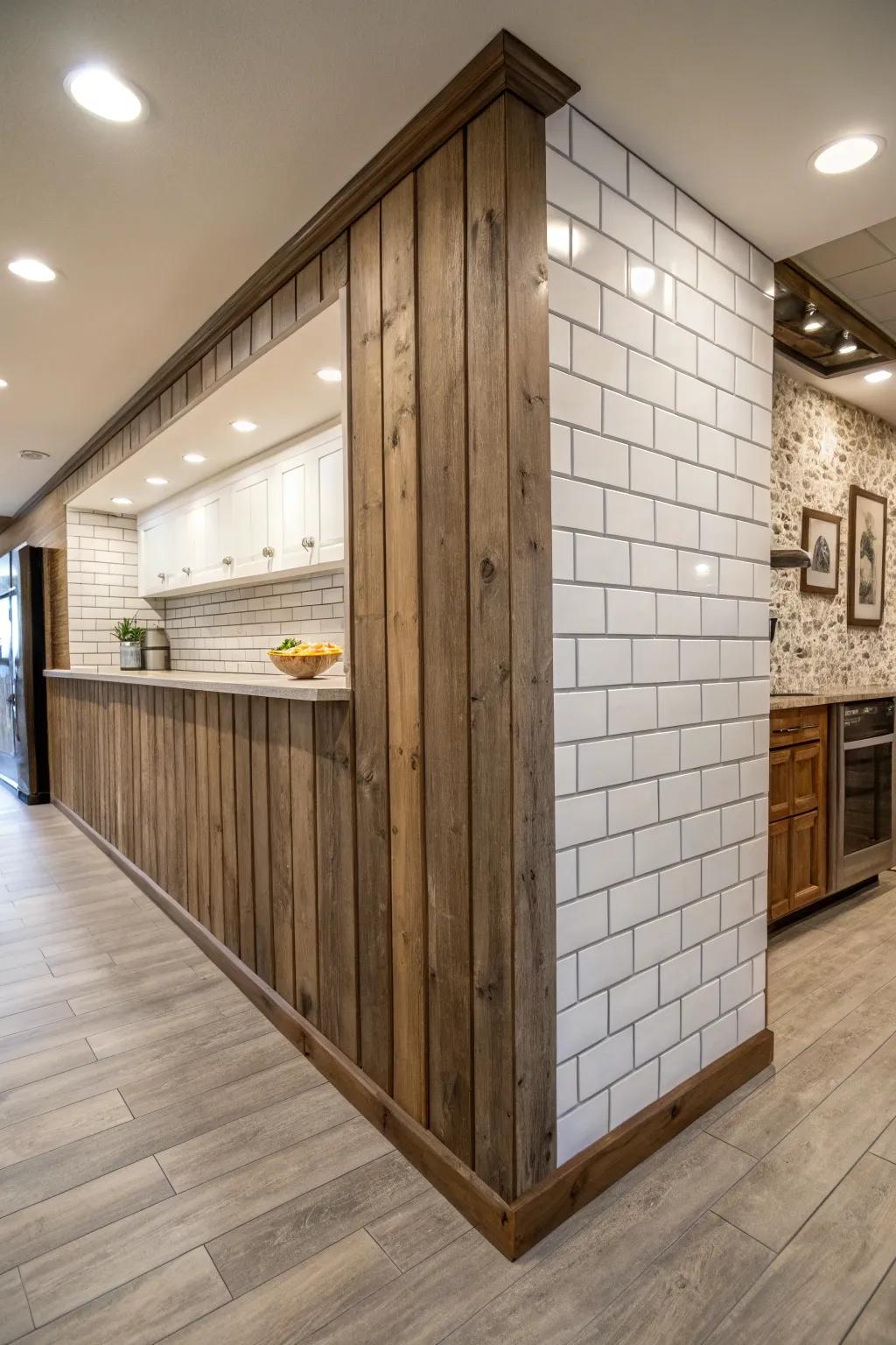 A kitchen bulkhead combining shiplap and tile textures for added depth.