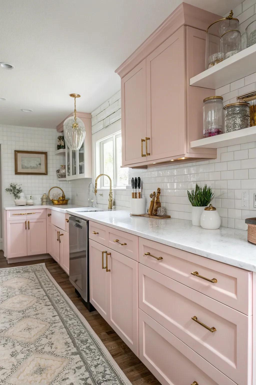Rose cabinets provide a whimsical and elegant kitchen aesthetic.