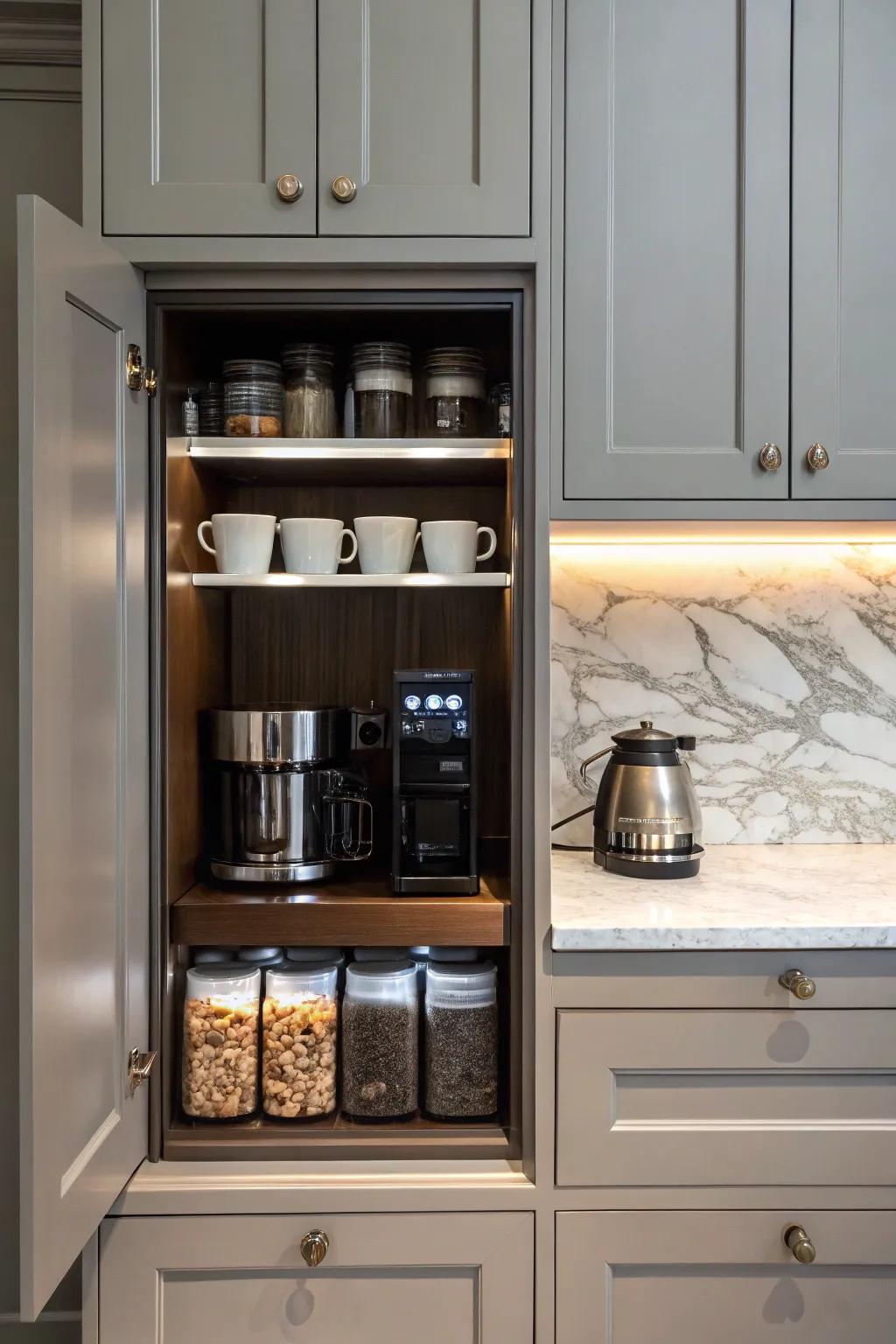 A discreet coffee station concealed behind fashionable cabinet doors.