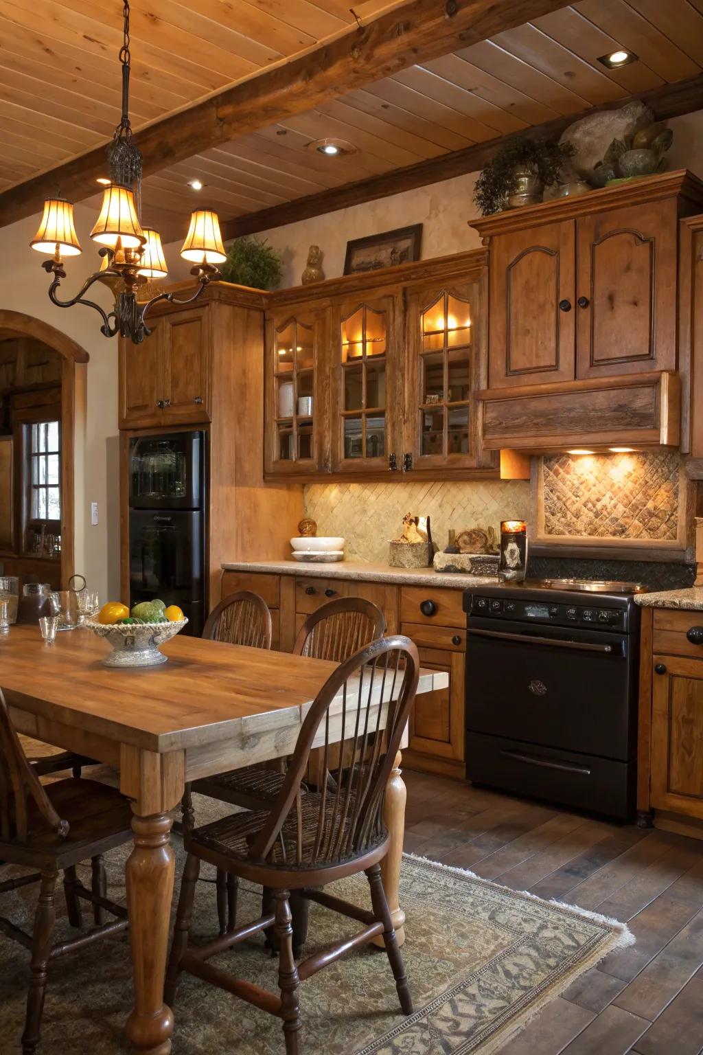 Country wood accents generate a welcoming and timeless kitchen charm.