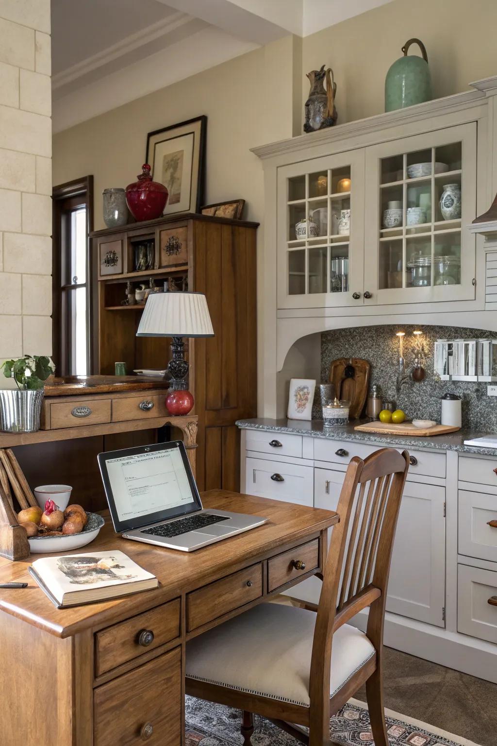 A kitchen desk design that successfully blends modern and traditional elements.
