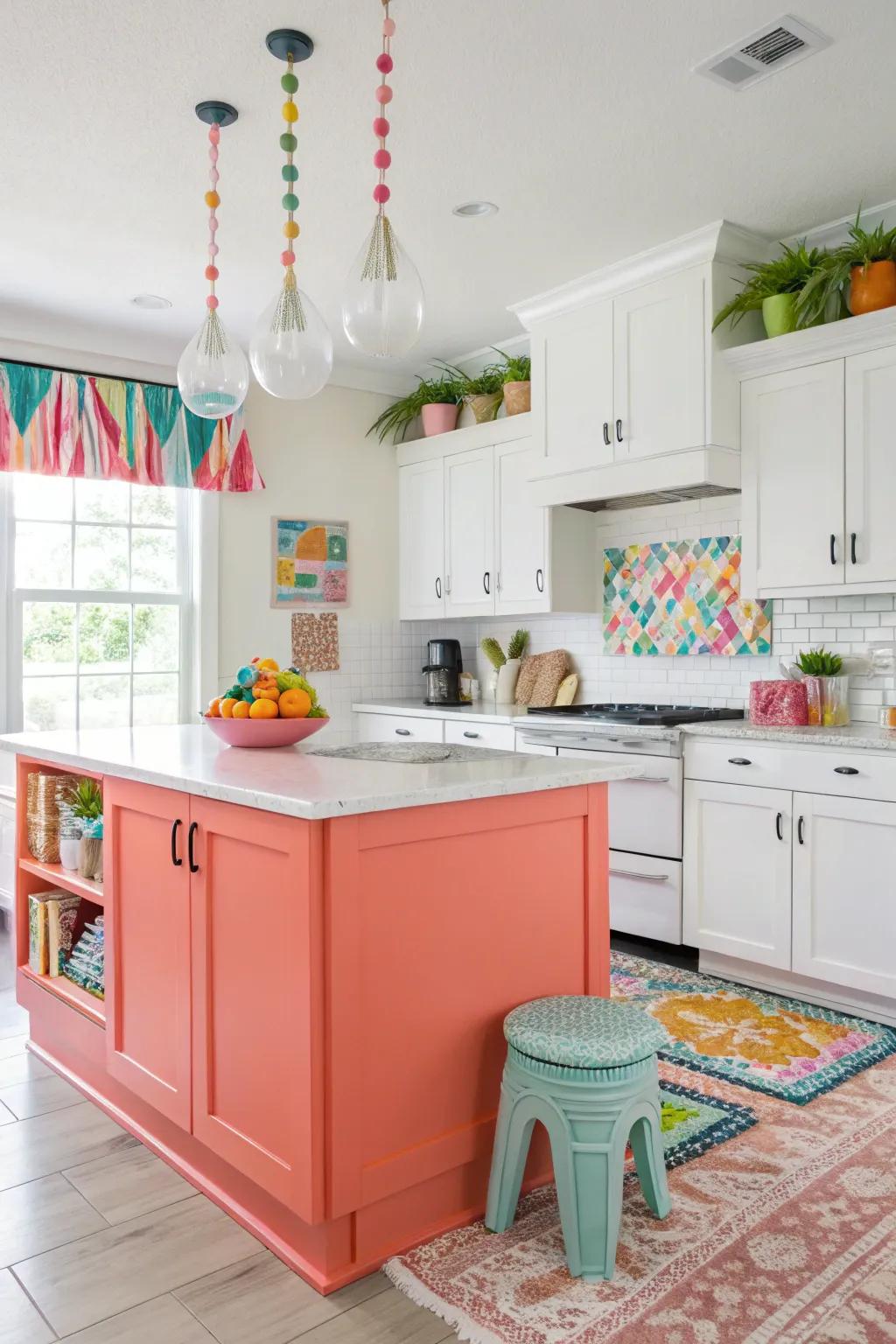 A salmon kitchen island adds a playful and energetic vibe to the kitchen space.