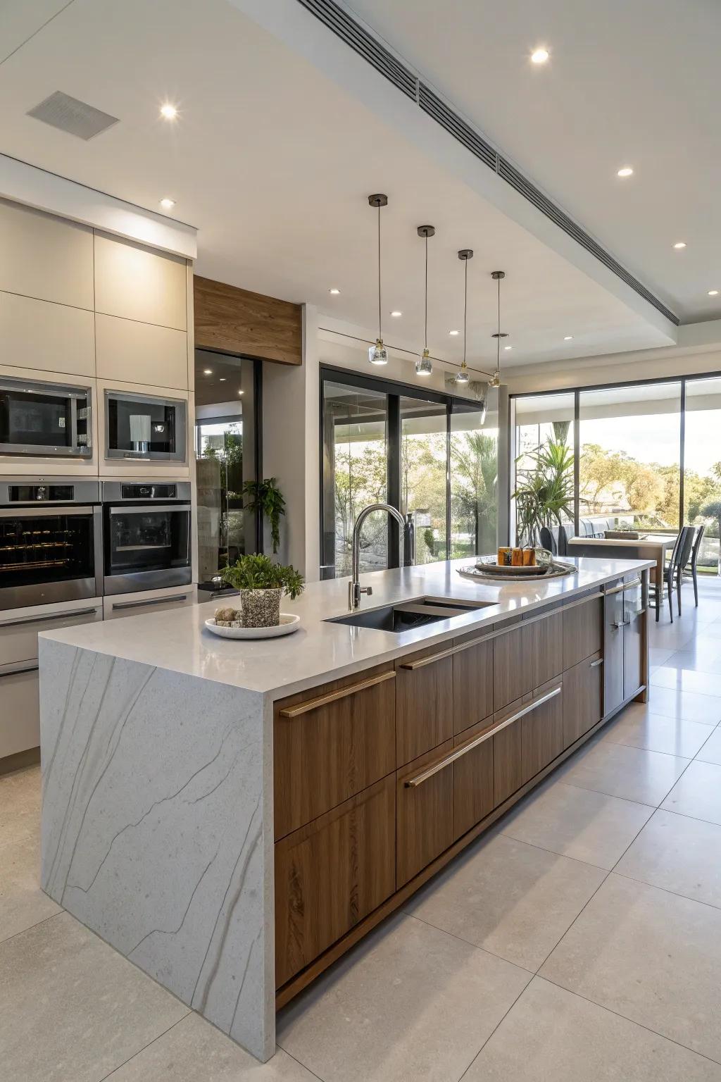 A streamlined kitchen island with smart appliance integration.