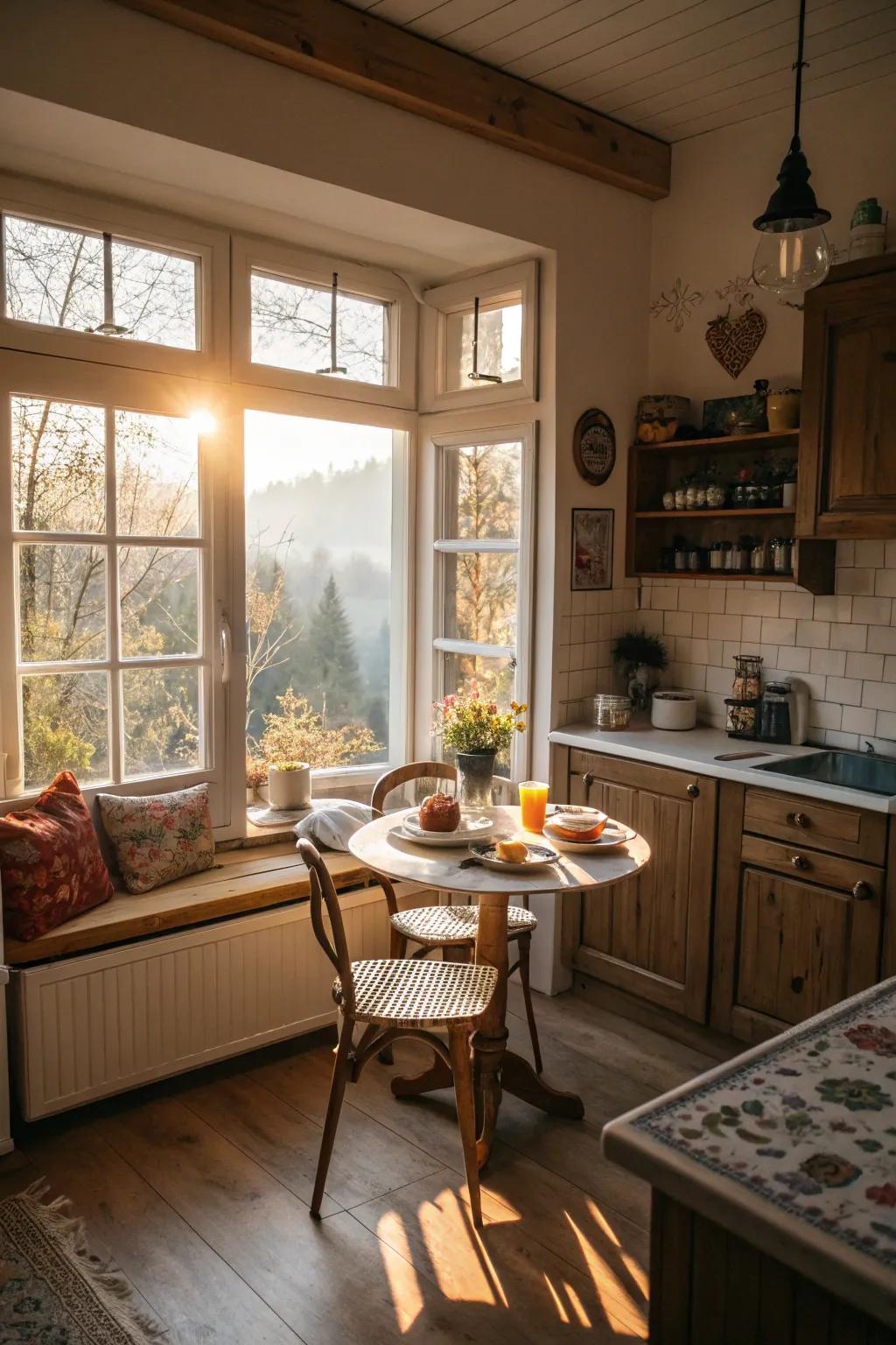 A kitchen showcasing a cozy morning spot with a scenic view.
