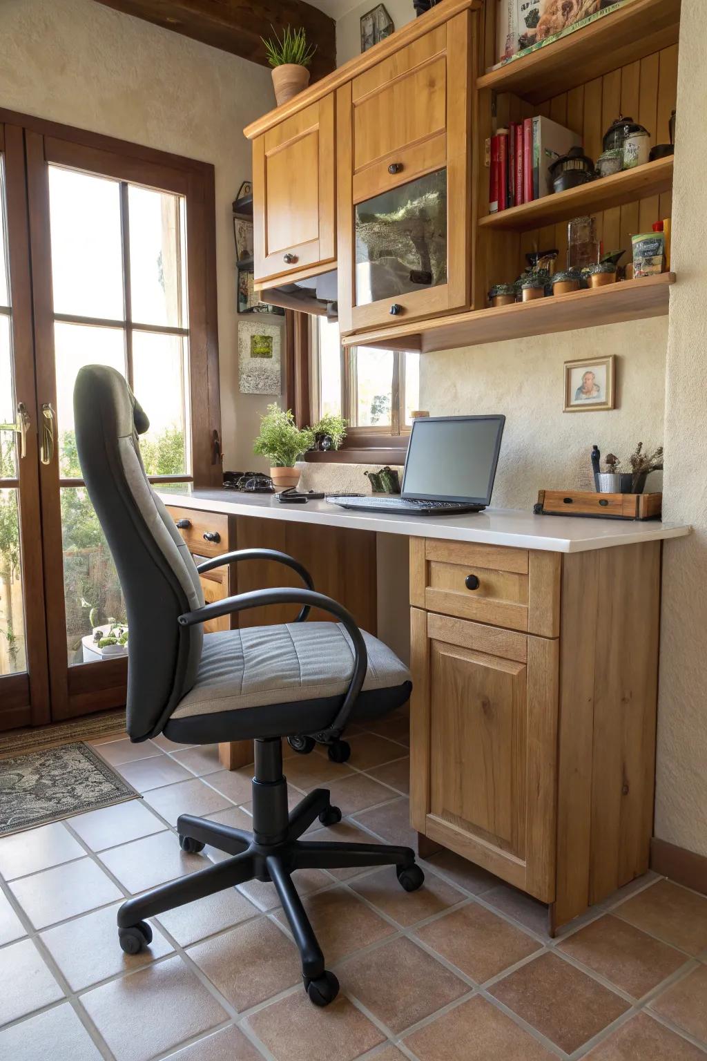 Ergonomic seating enhances comfort in a kitchen office setup.