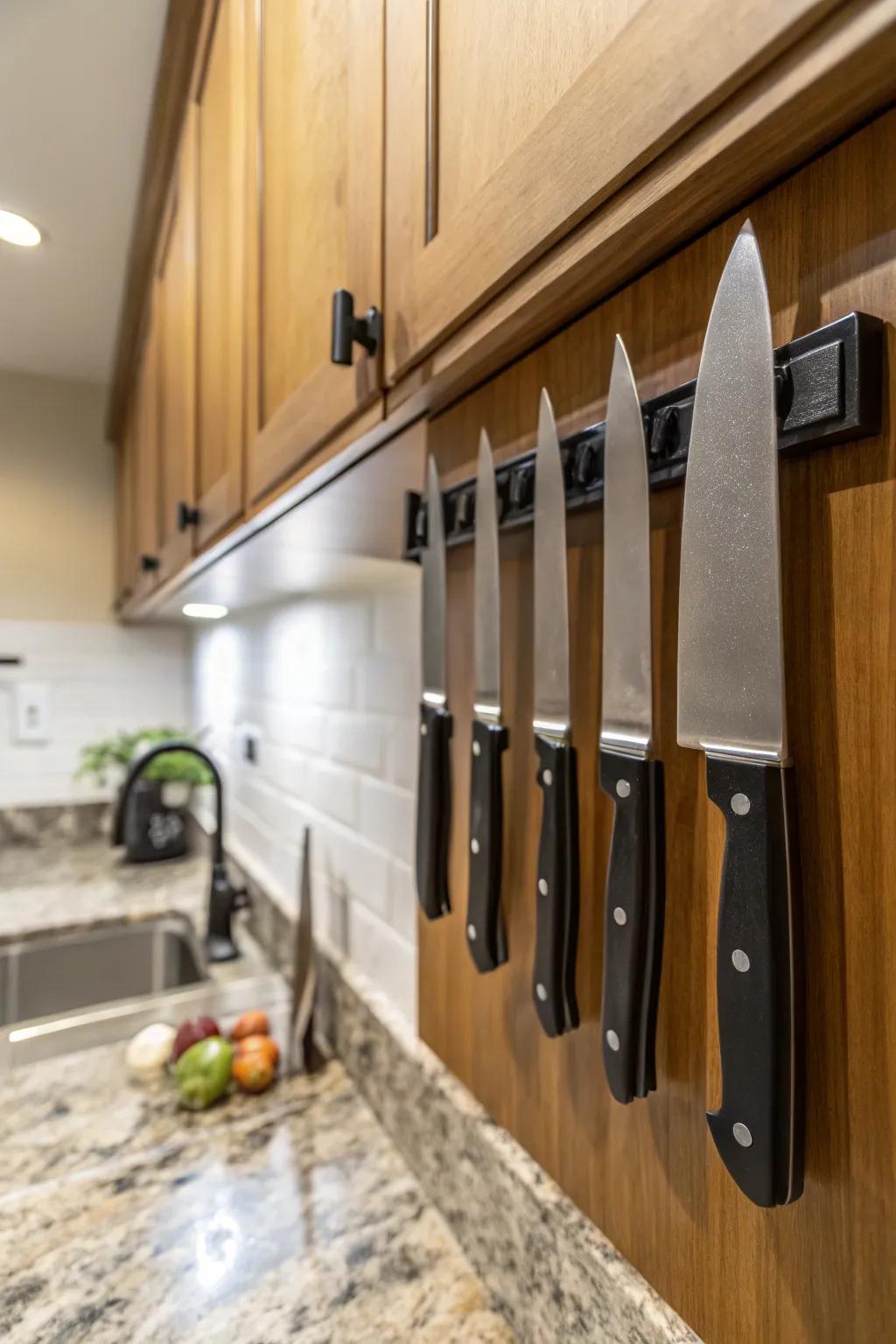 Magnetic strips offer a sleek way to store knives.