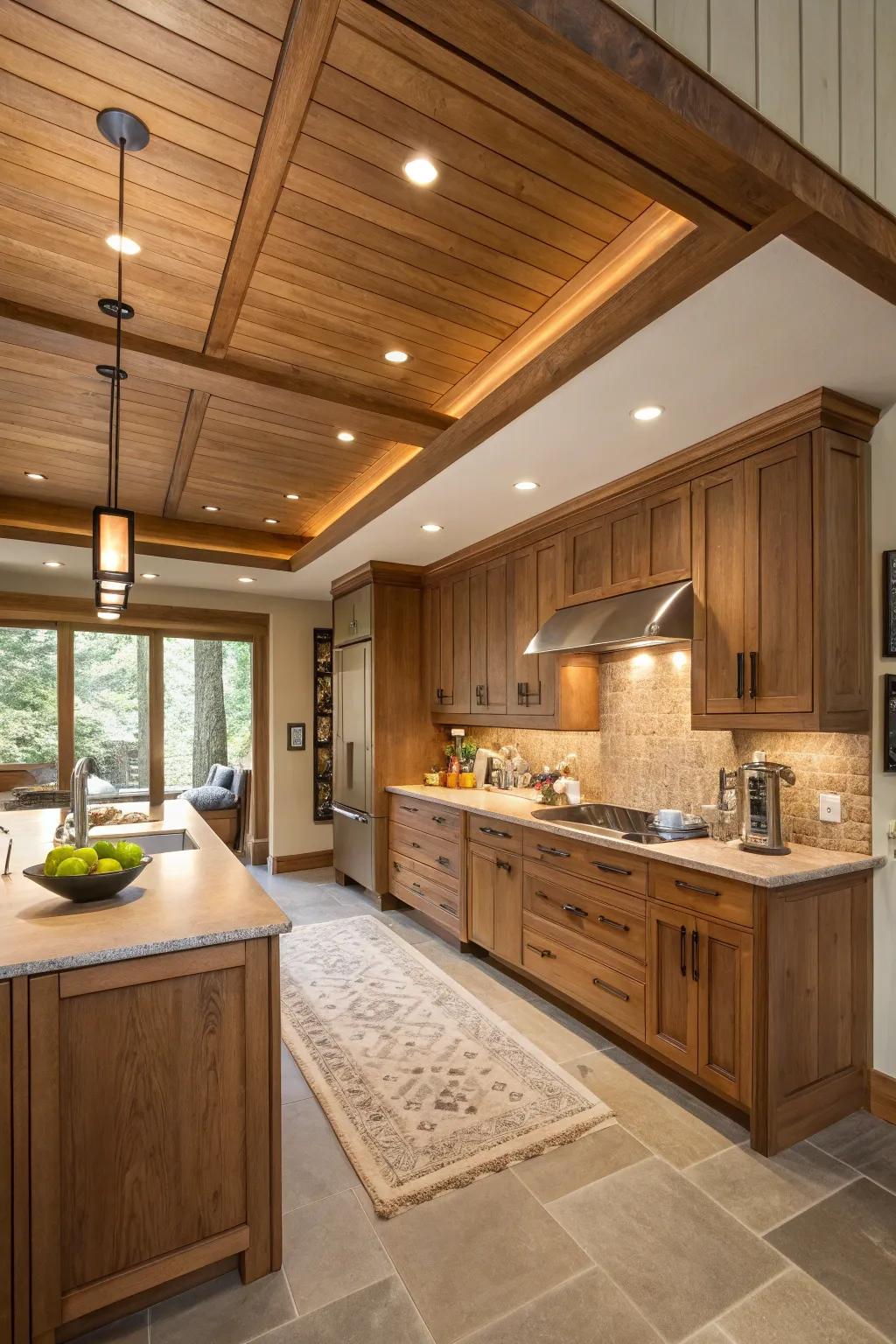 A soffit enclosed in wood veneer, contributing to a warm kitchen.
