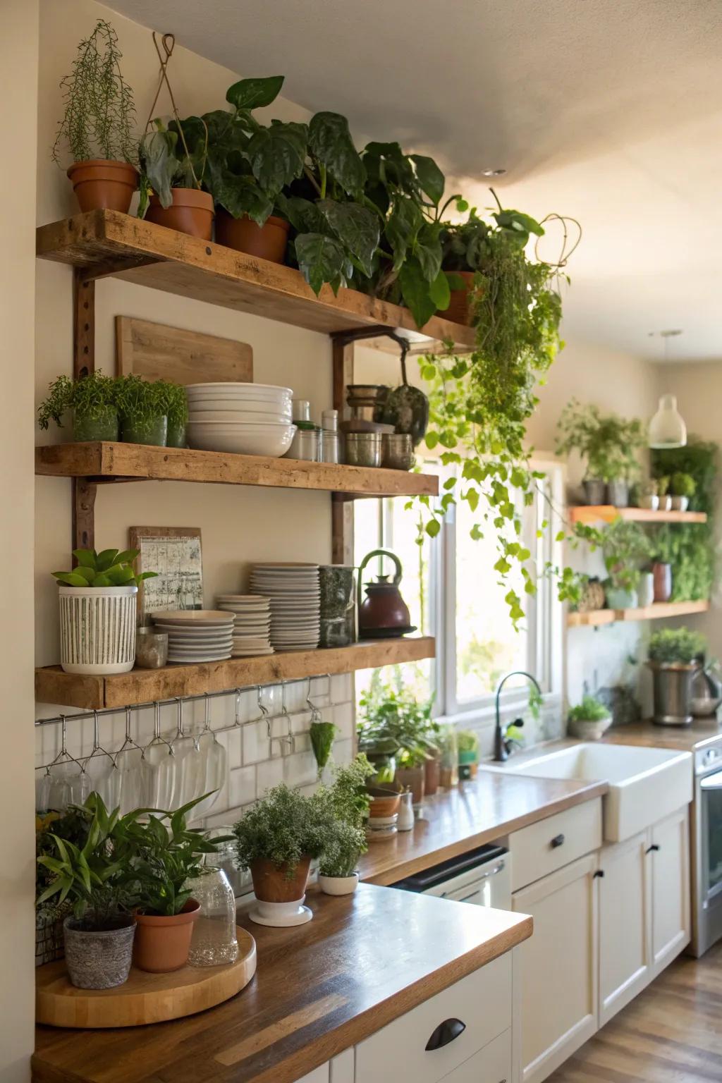 Greenery on shelves enriches beauty and air quality.