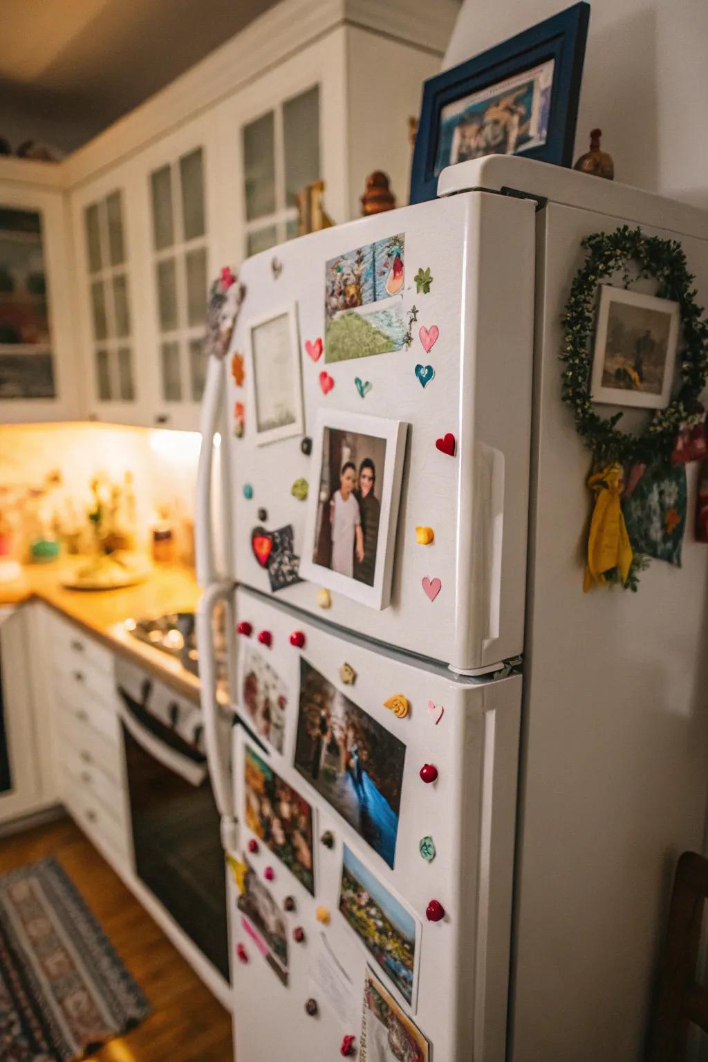 A chiller adorned with magnets and images, adding a personal and artistic touch to the cooking space.