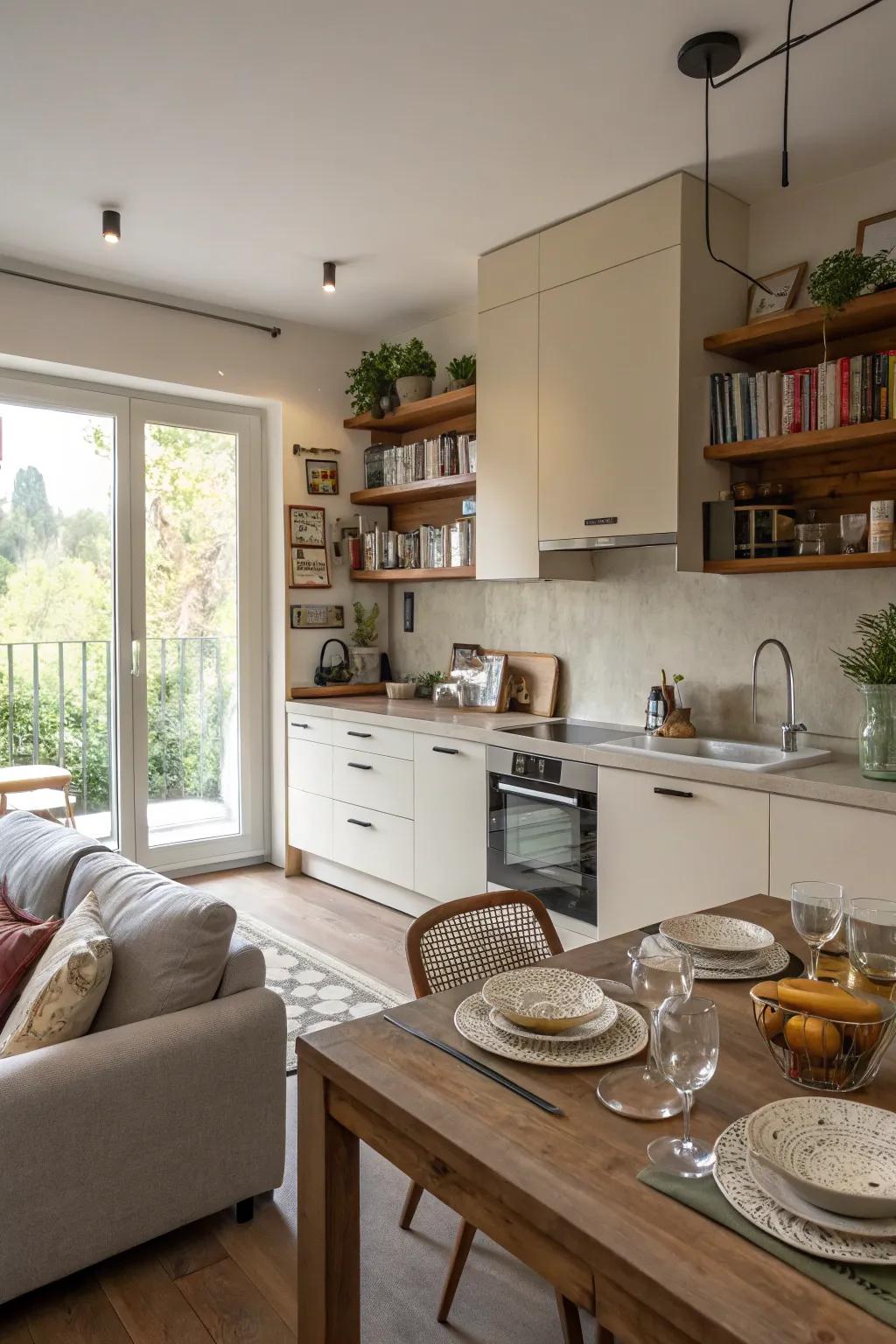 A kitchen with a sofa and dining table, offering multifunctional use for dining and lounging.