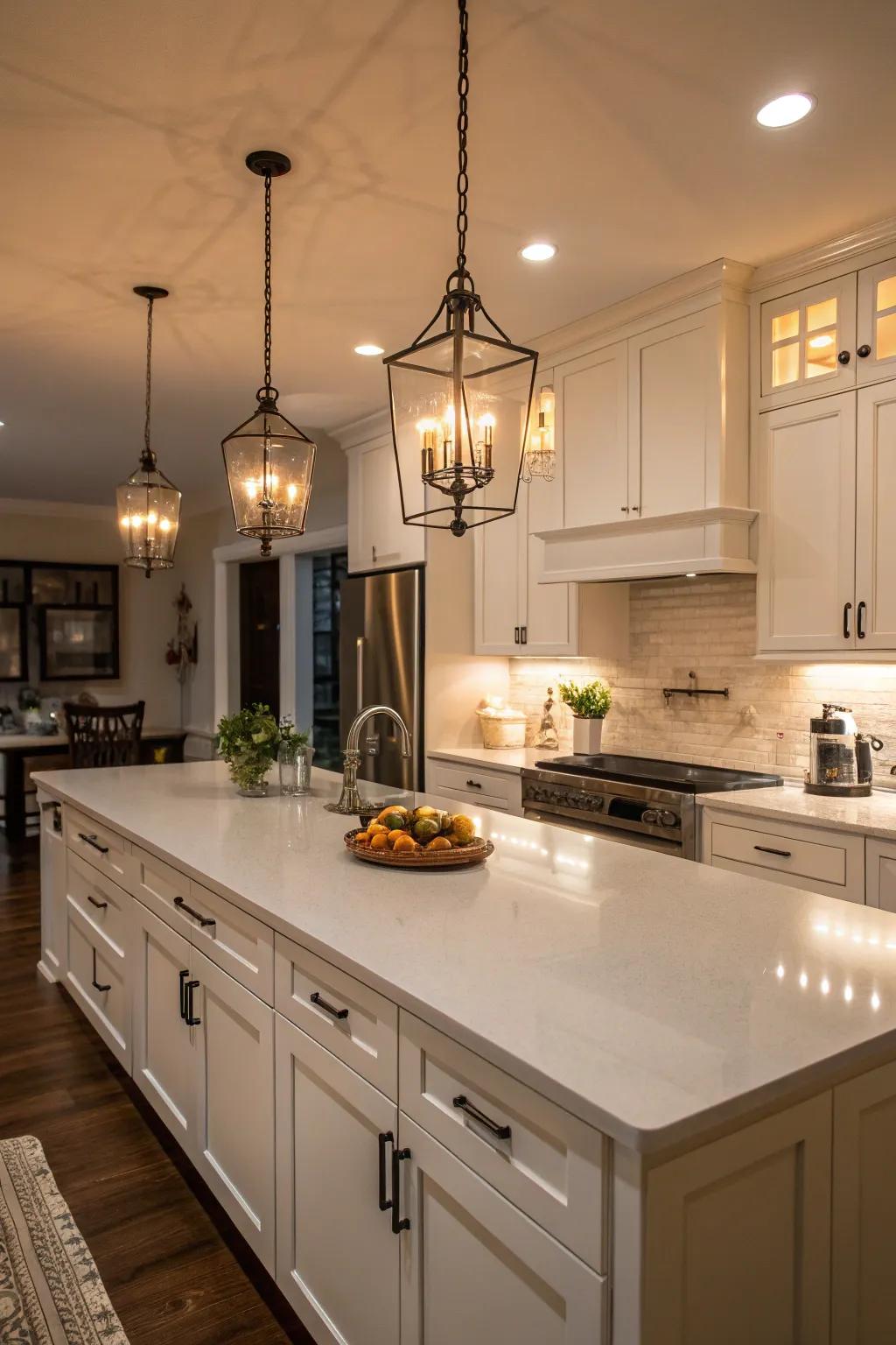 Pendant lighting enhances the white countertops, creating a cozy and inviting kitchen atmosphere.