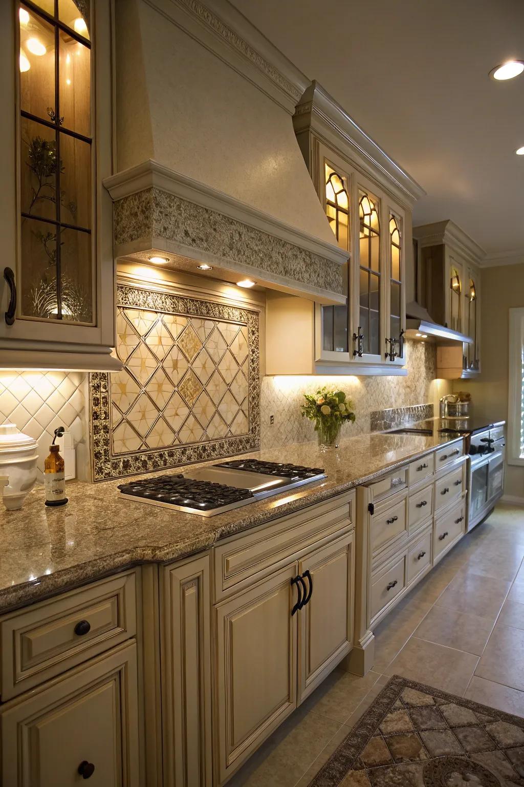 In a kitchen without windows, emphasized illumination produces striking focal points.